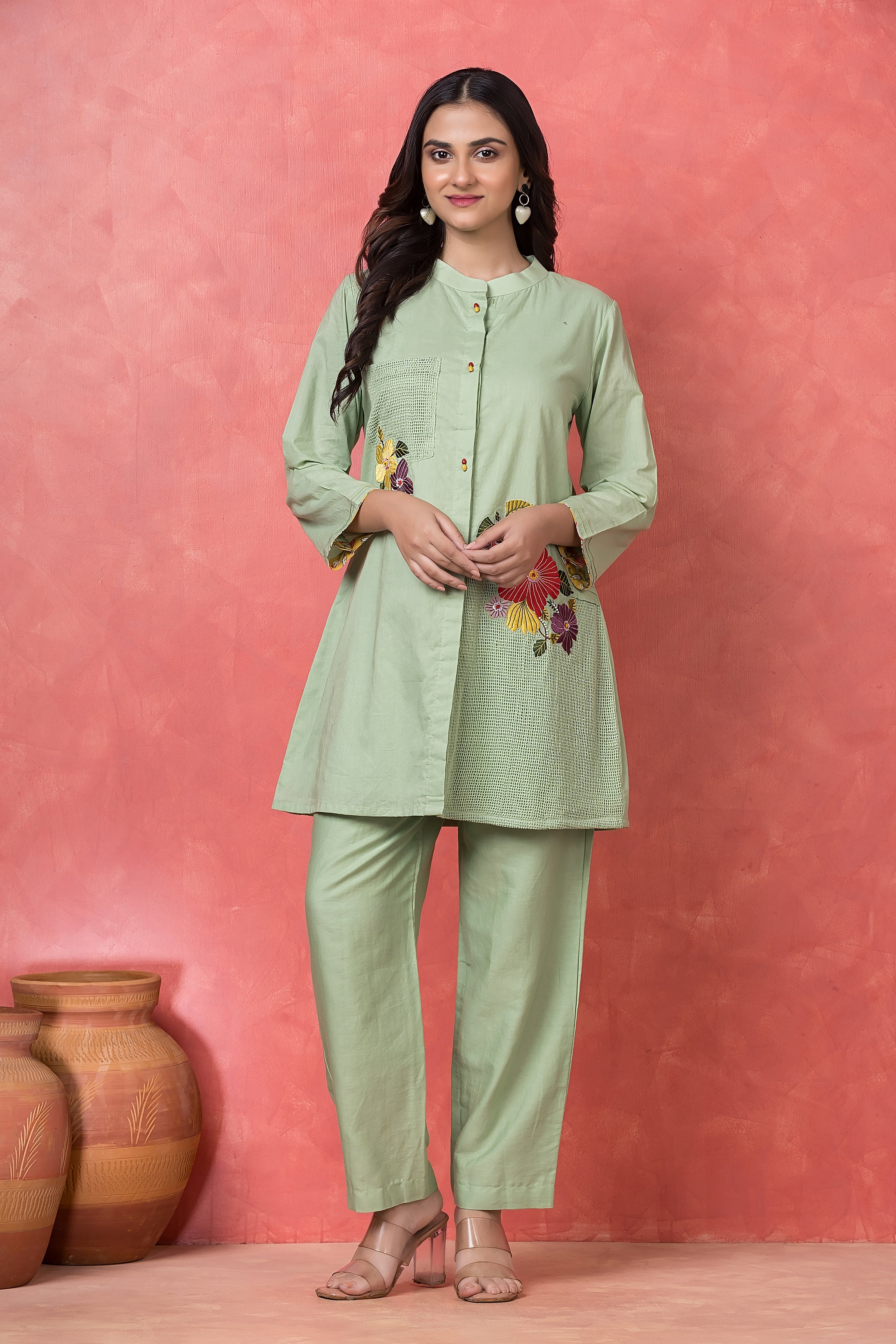 Mint Green Floral Applique Mul Cotton Co-Ord Set