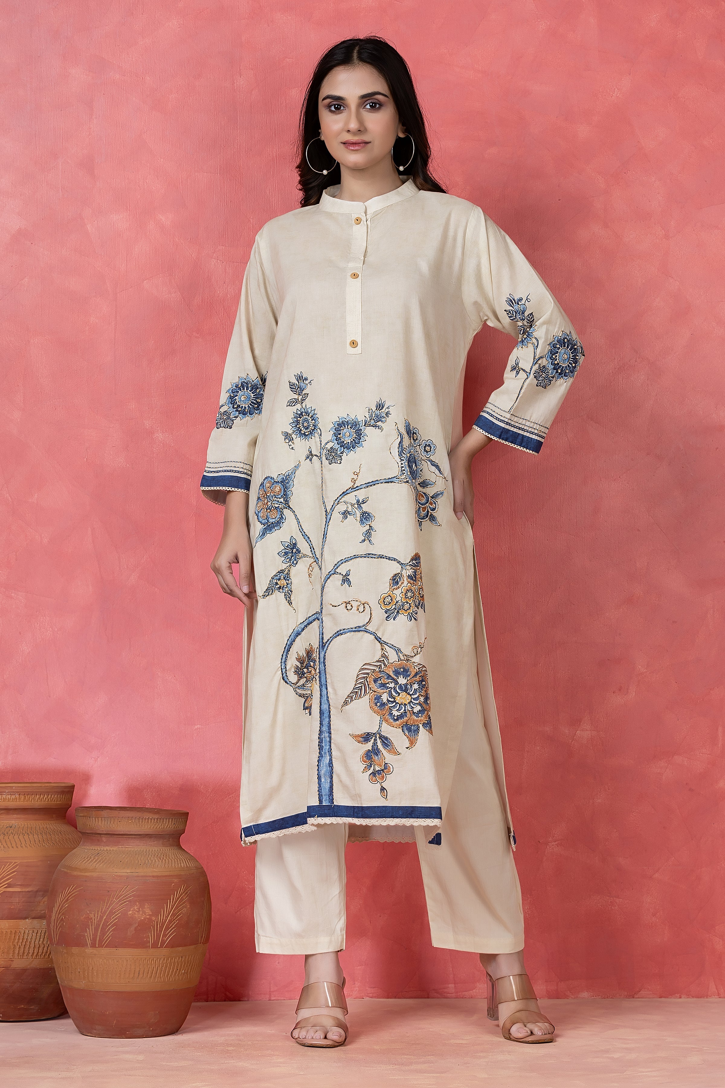 Indigo Floral Embroidered Cotton Pant Set