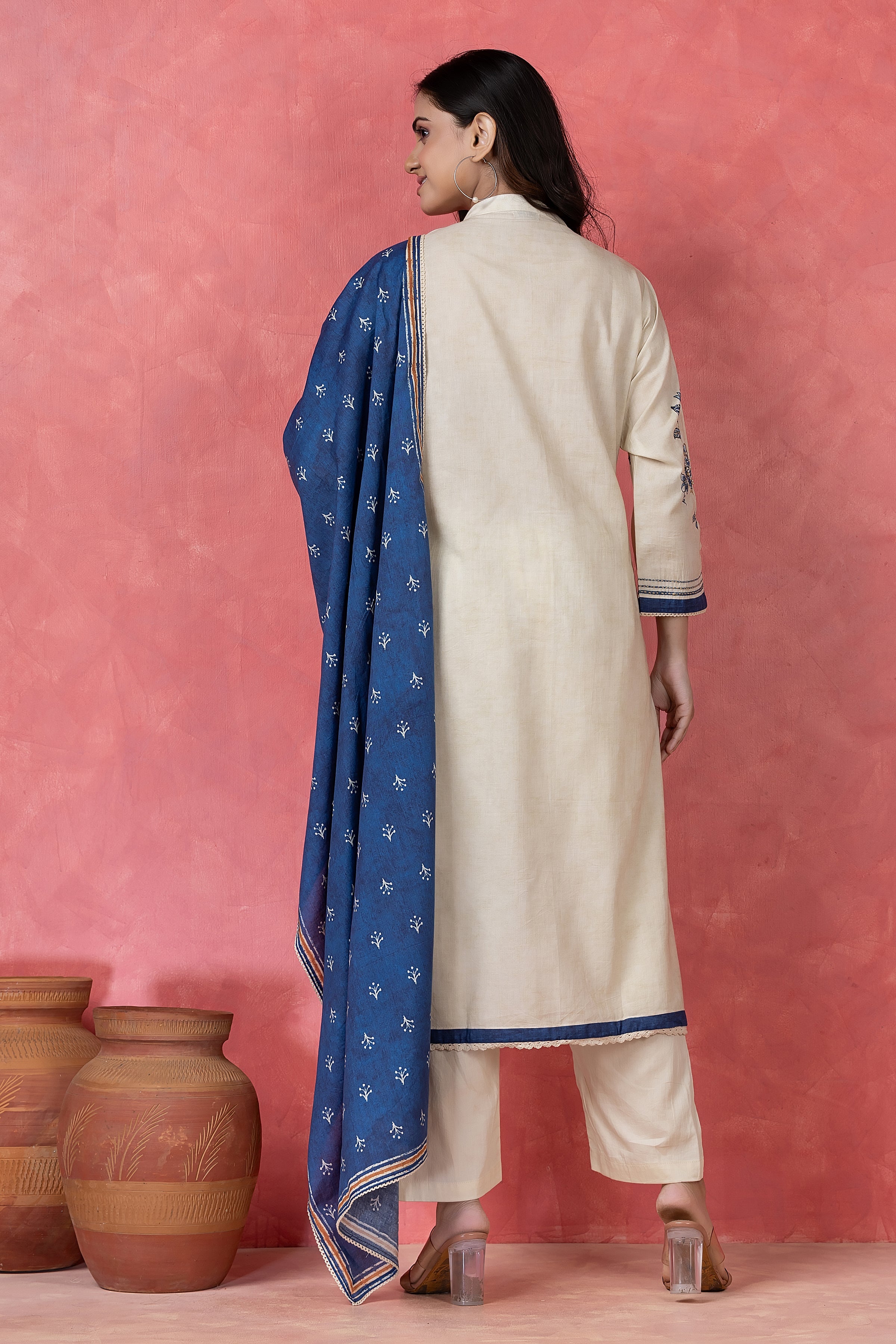 Indigo Floral Embroidered Cotton Pant Set