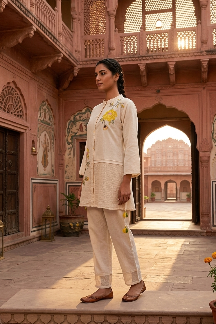 Off-White Embellished Cotton Co-Ord Set