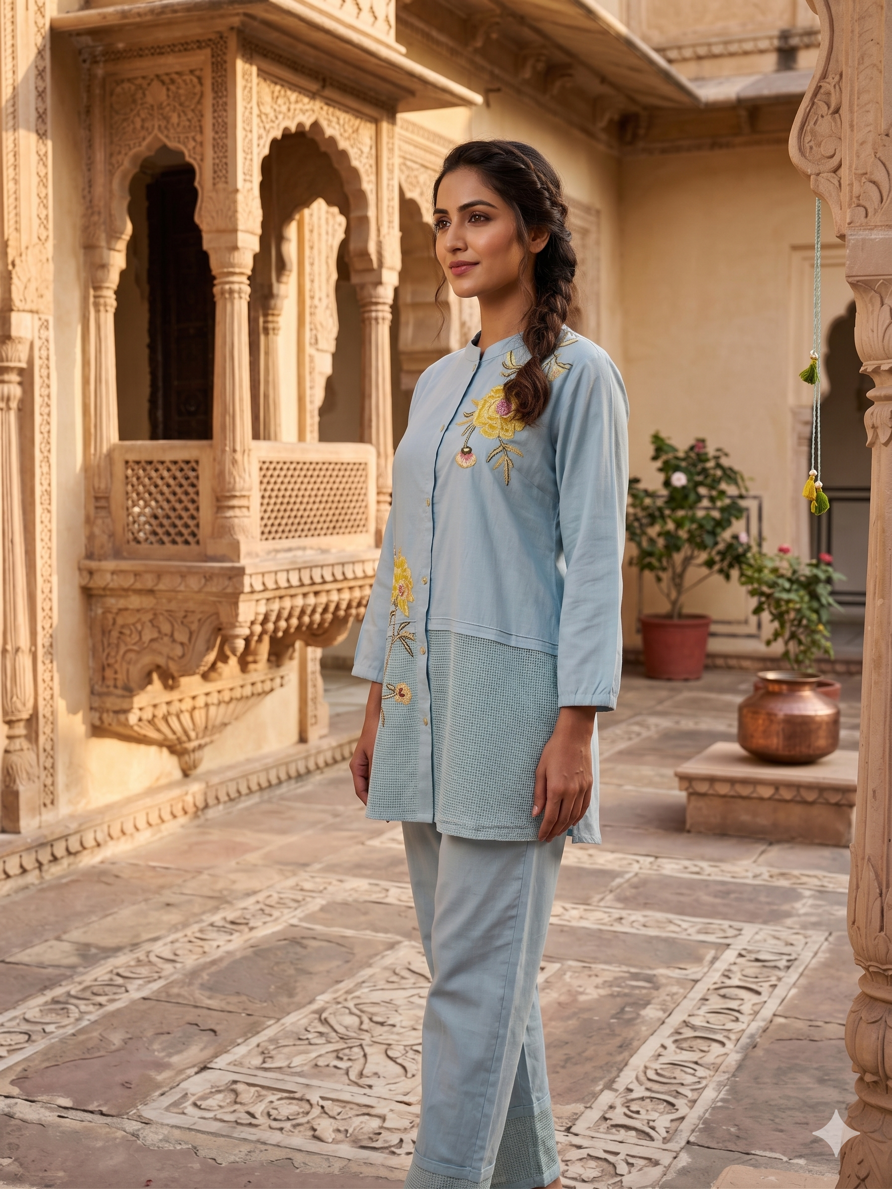 Powder Blue Embellished Cotton Co-Ord Set