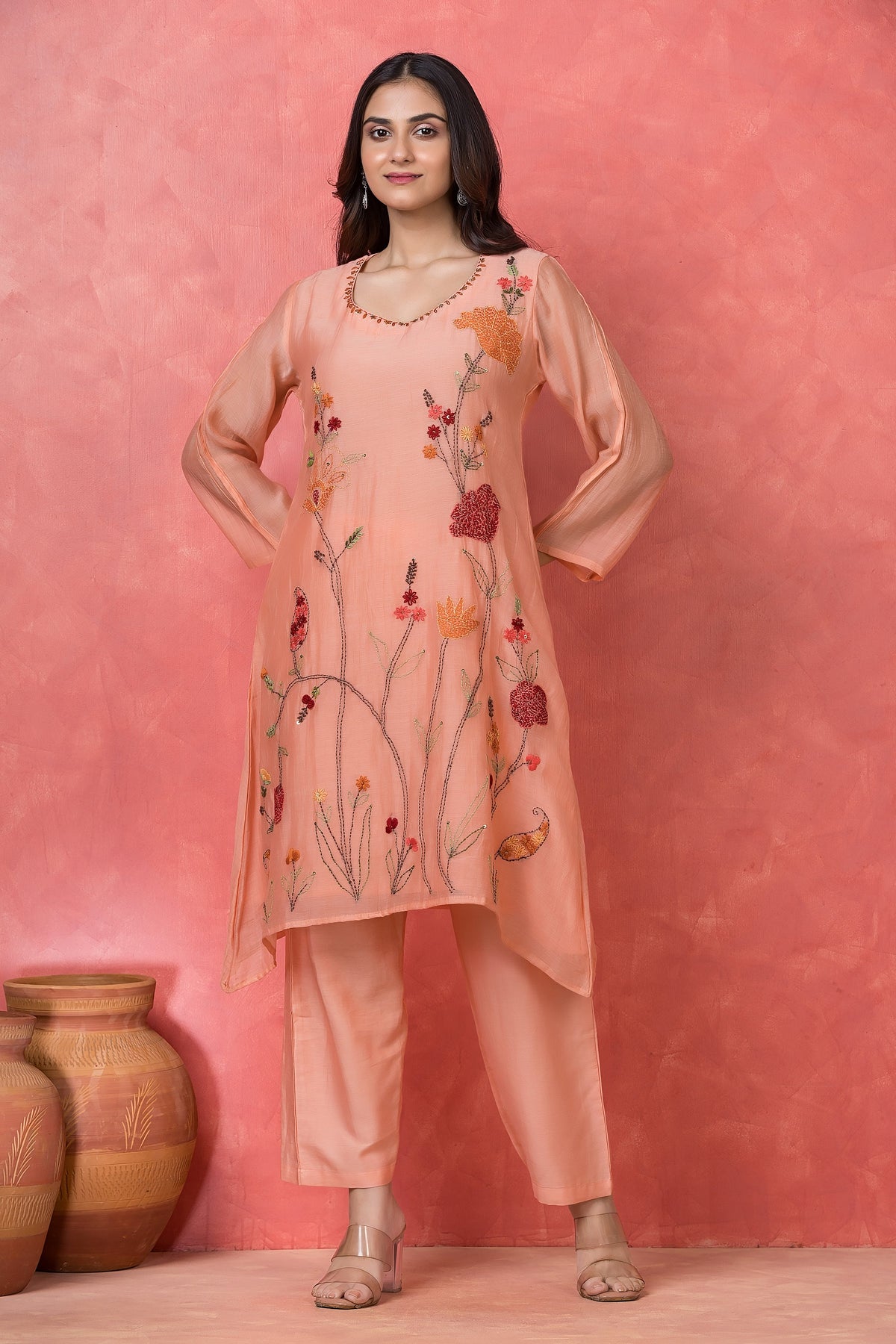 Peach Coral Embroidered  Mul Chanderi Silk Kurta Set
