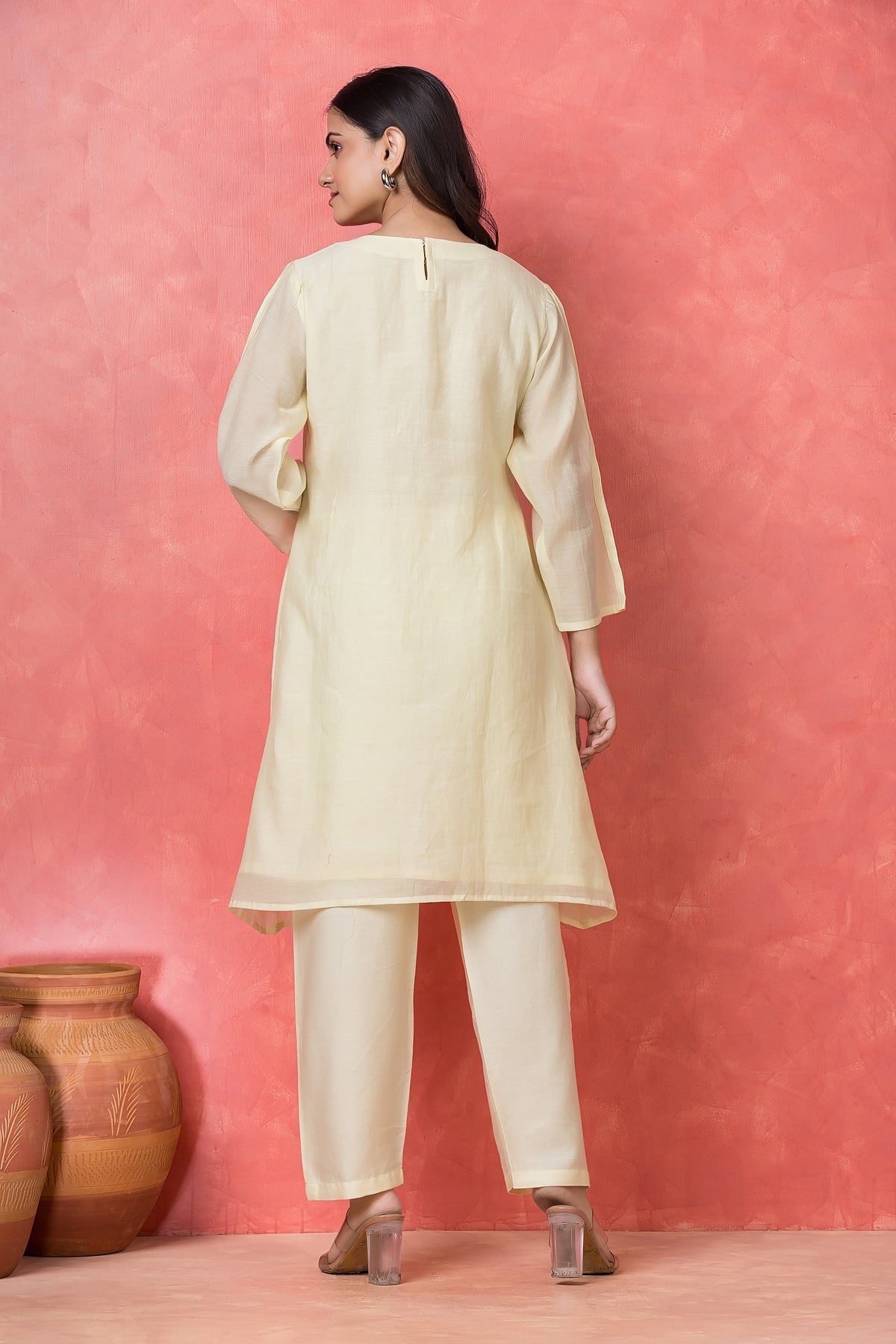 Soft Off White Embroidered Mul Chanderi Silk Kurta Set