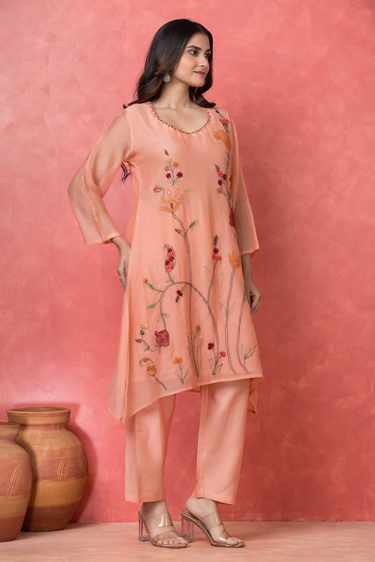 Peach Coral Embroidered  Mul Chanderi Silk Kurta Set