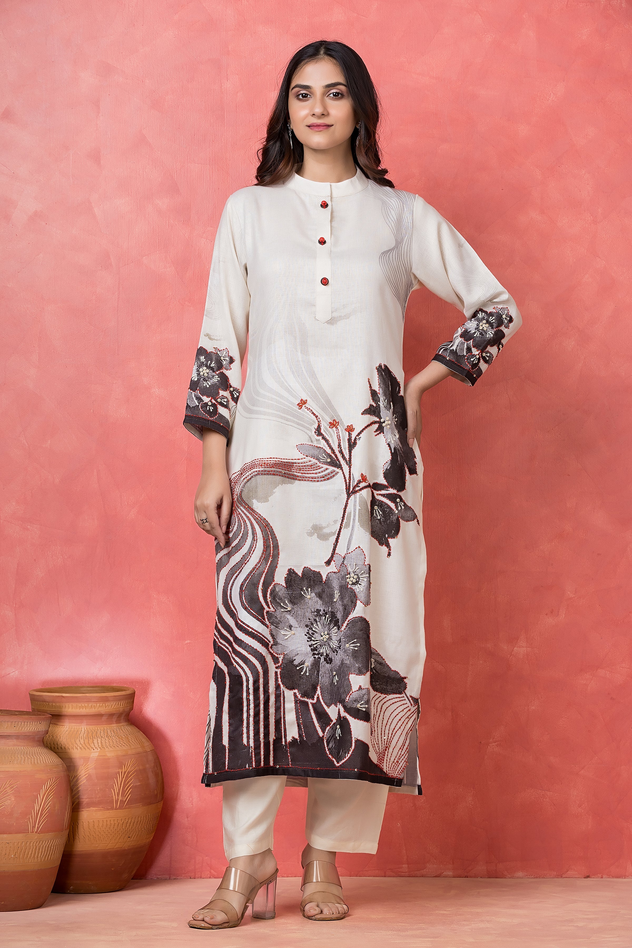 Monochrome Charcoal Printed Cotton Pant Set