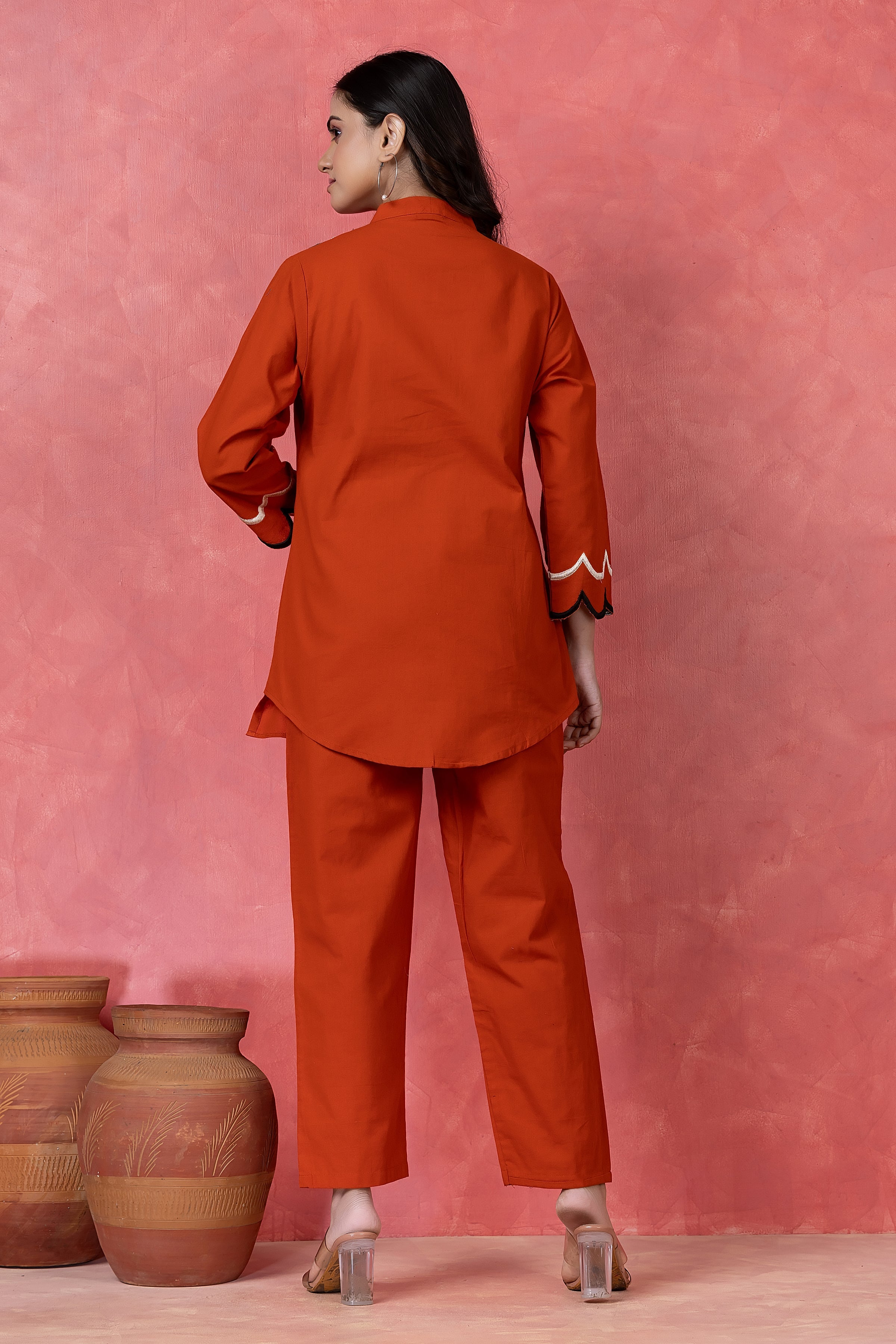 Mahagany Orange Embroidered Cotton Co-Ord Set