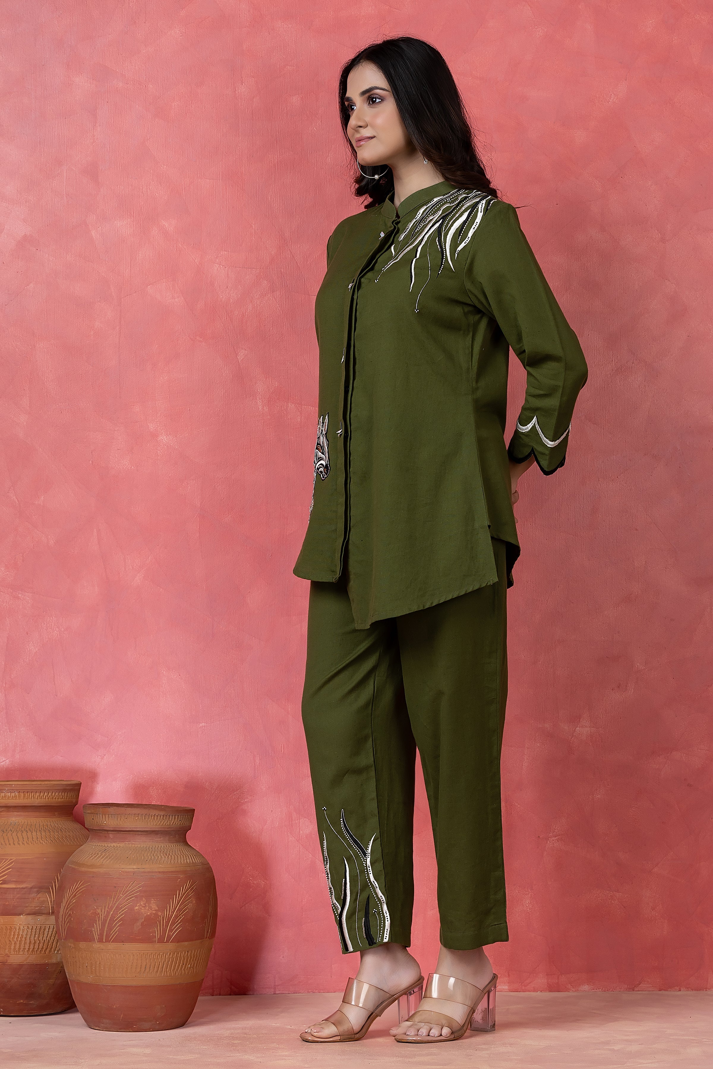 Olive Green Embroidered Cotton Co-Ord Set