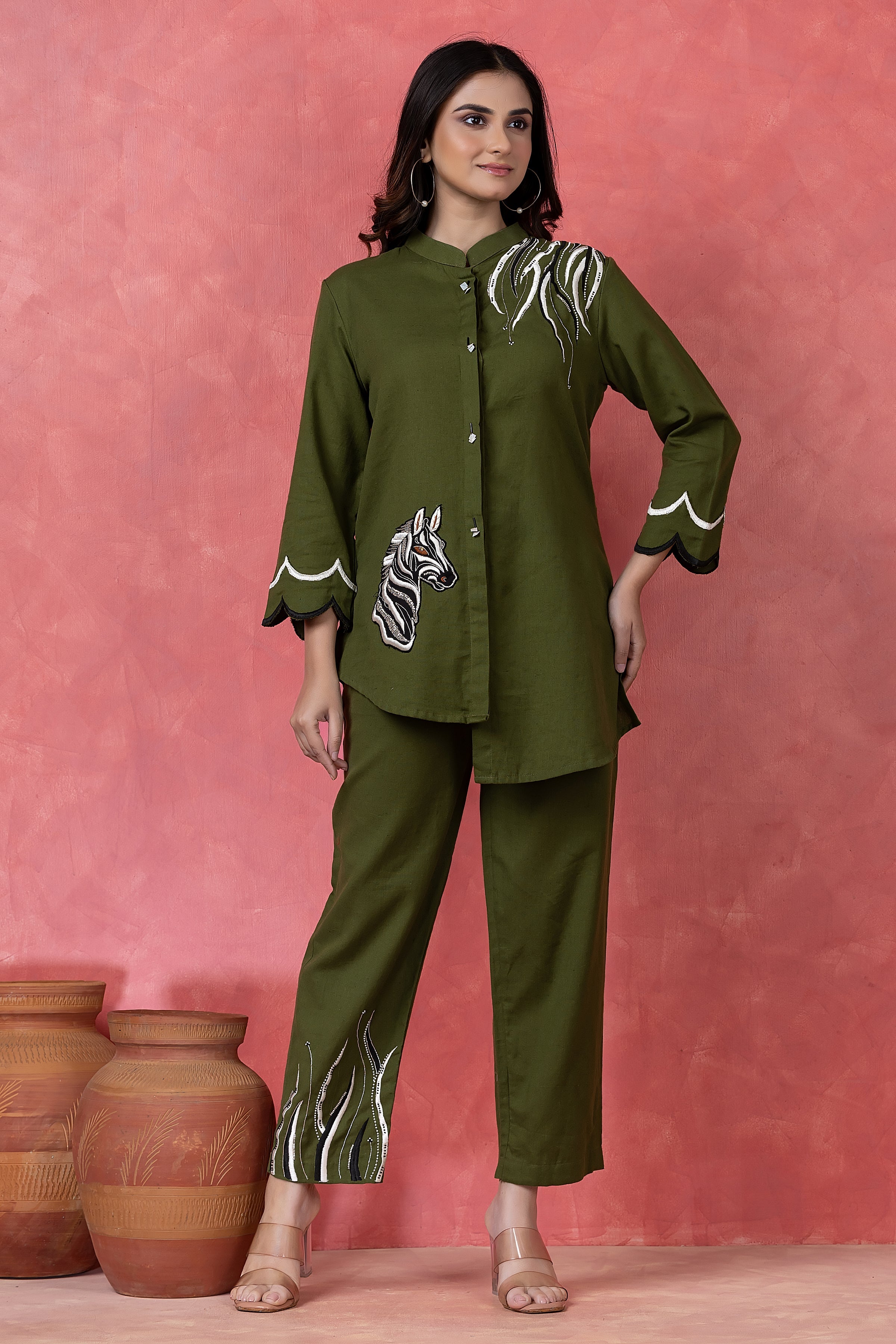 Olive Green Embroidered Cotton Co-Ord Set