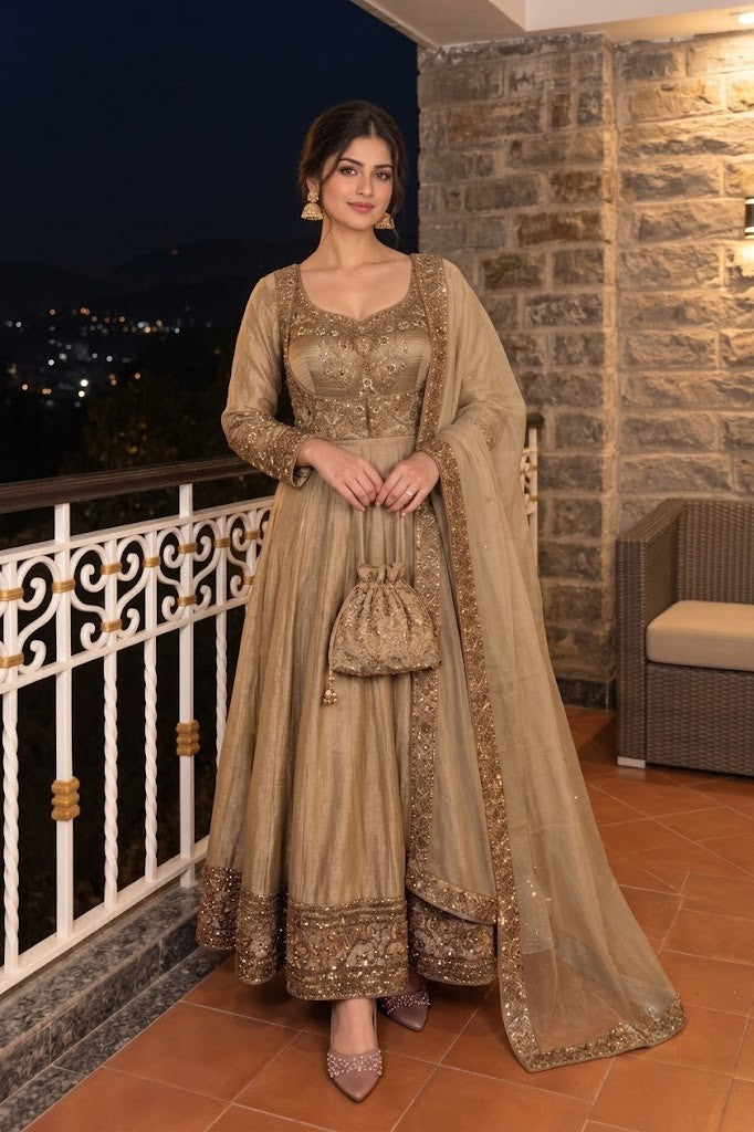 Champagne Gold Embellished Tissue Silk Anarkali Set