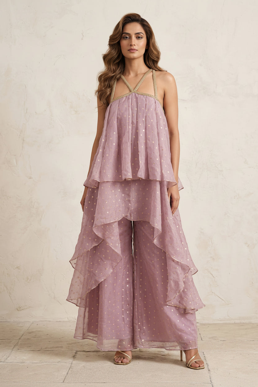 Dusty Pink Embellished Organza Silk Palazzo Set