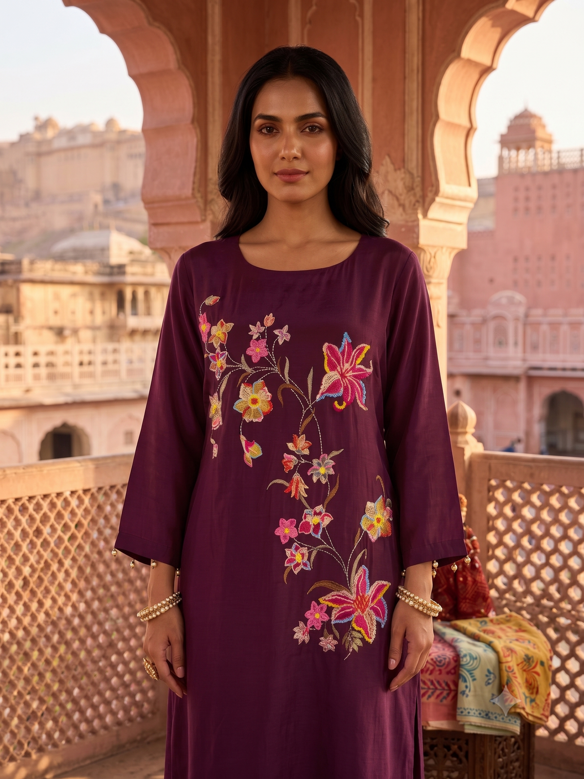 Rich Plum Embroidered Crepe Silk Kurta Set
