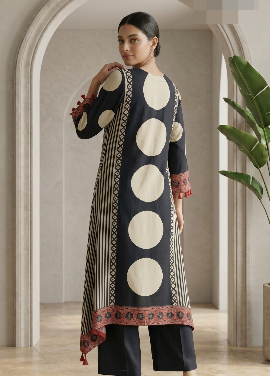 Monochrome Beige Printed Crepe Kurta Set
