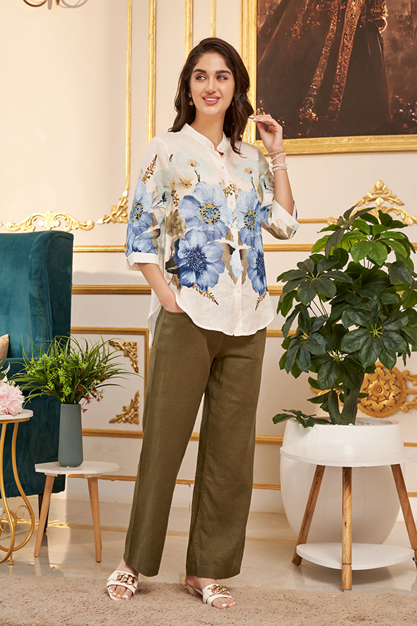 White Floral Printed Cotton Linen Shirt