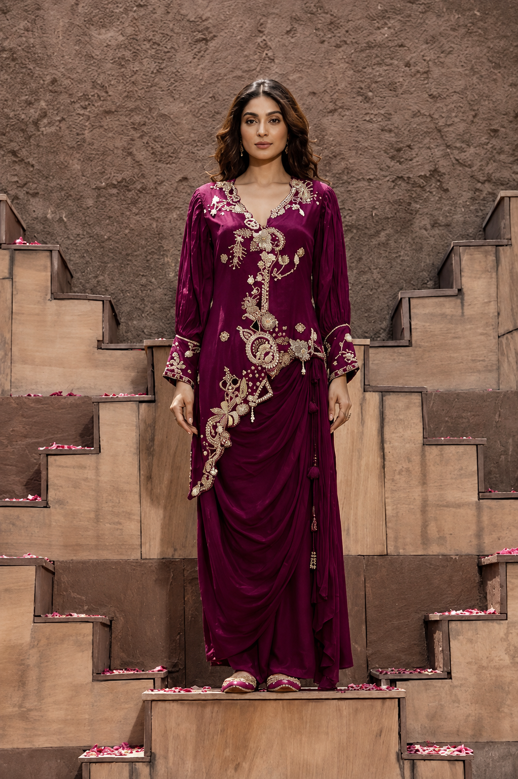 Grape Purple Embellished Crepe Silk Draped Skirt Set