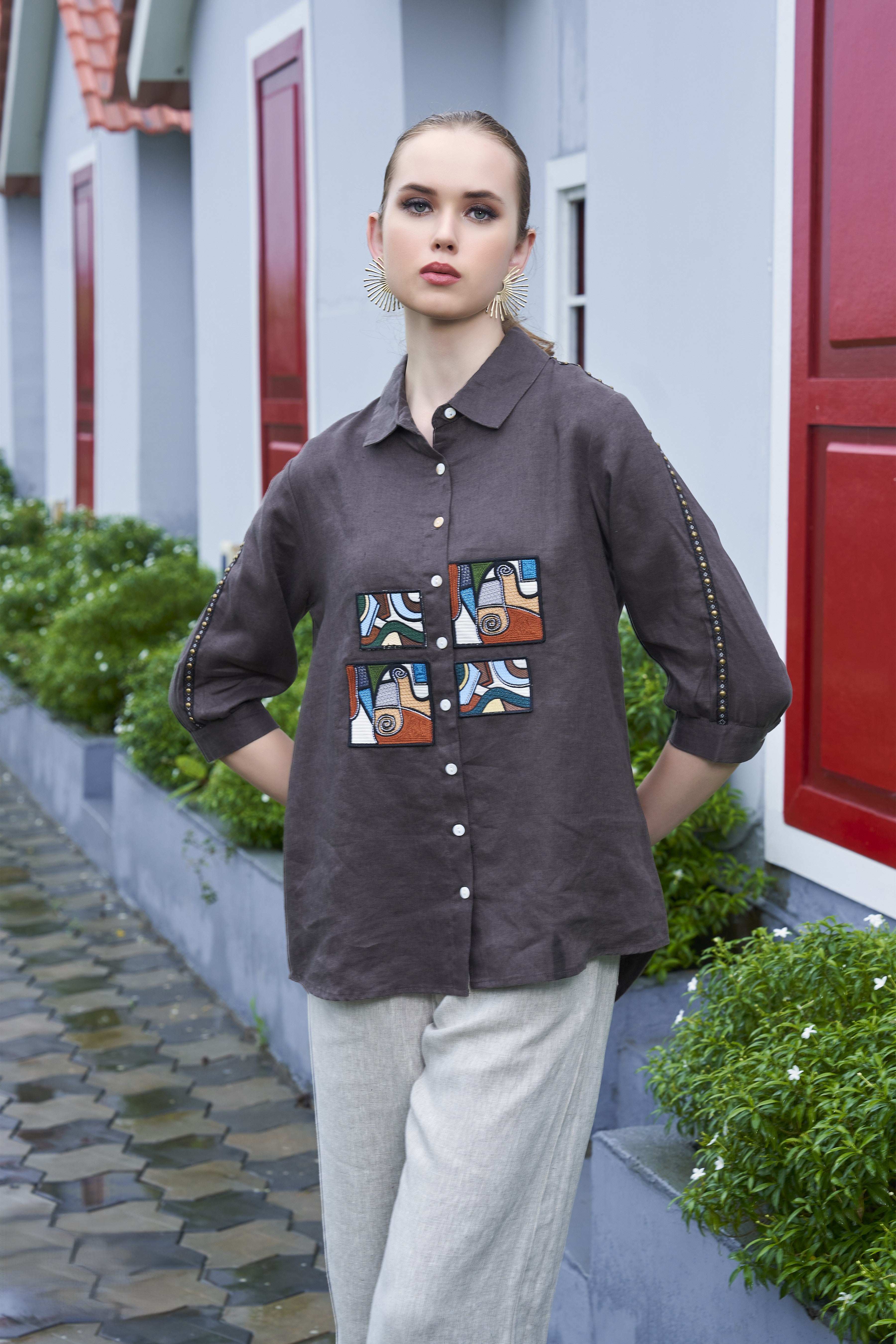 Charcoal Grey Embroidered Organic Cotton Shirt