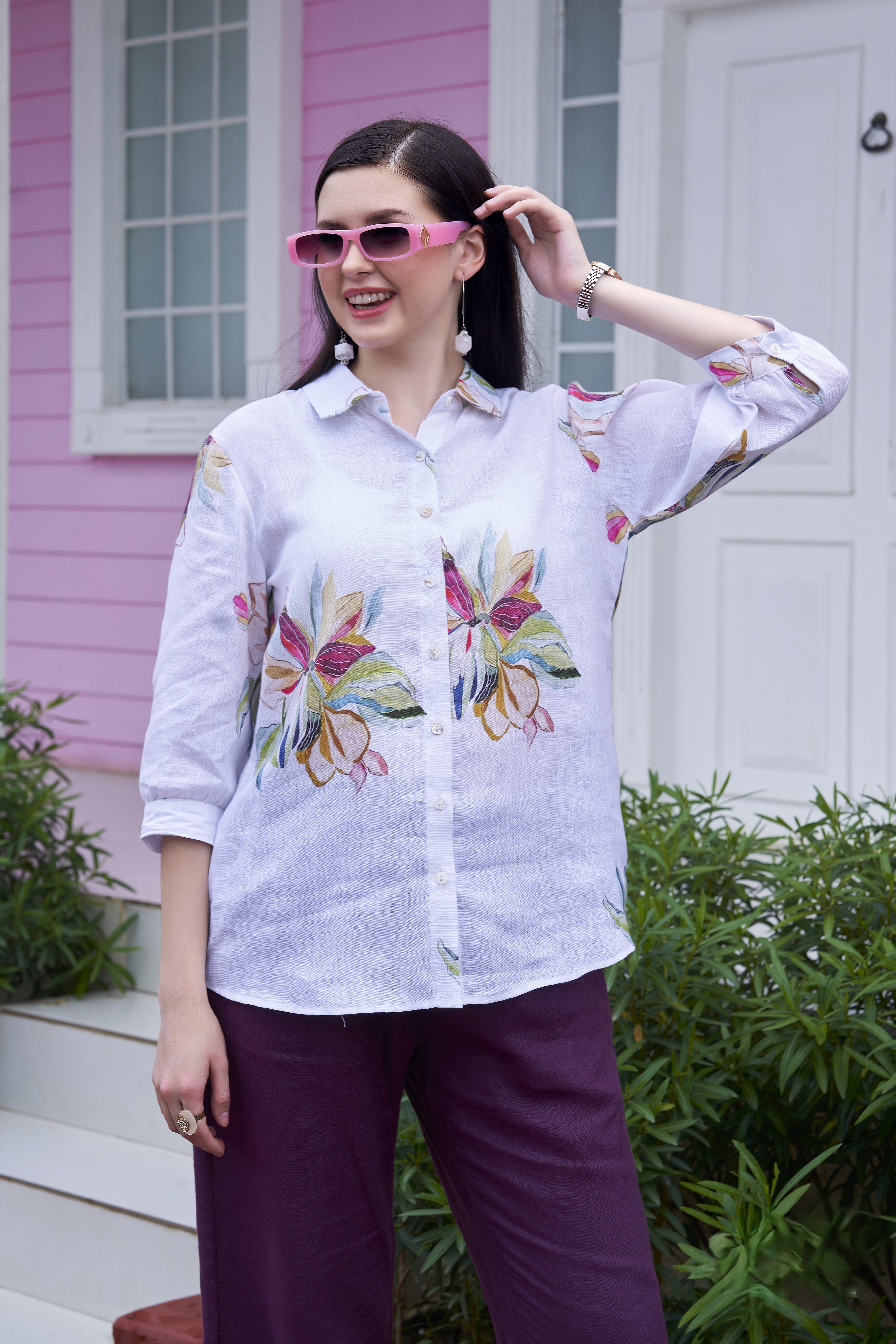 White Printed Linen Cotton Shirt