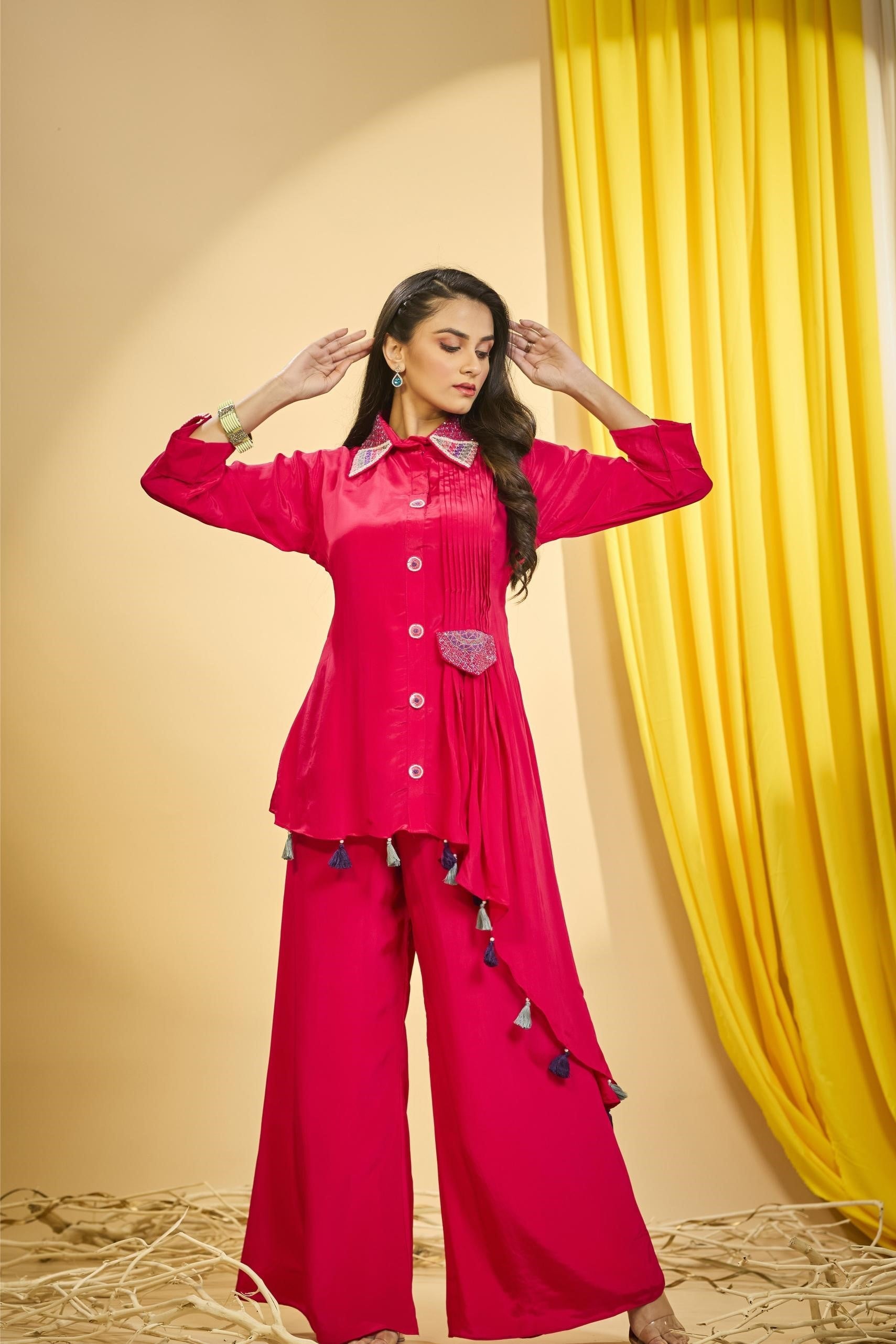 Bright Pink Embroidered Spanish Silk Co-Ord Set