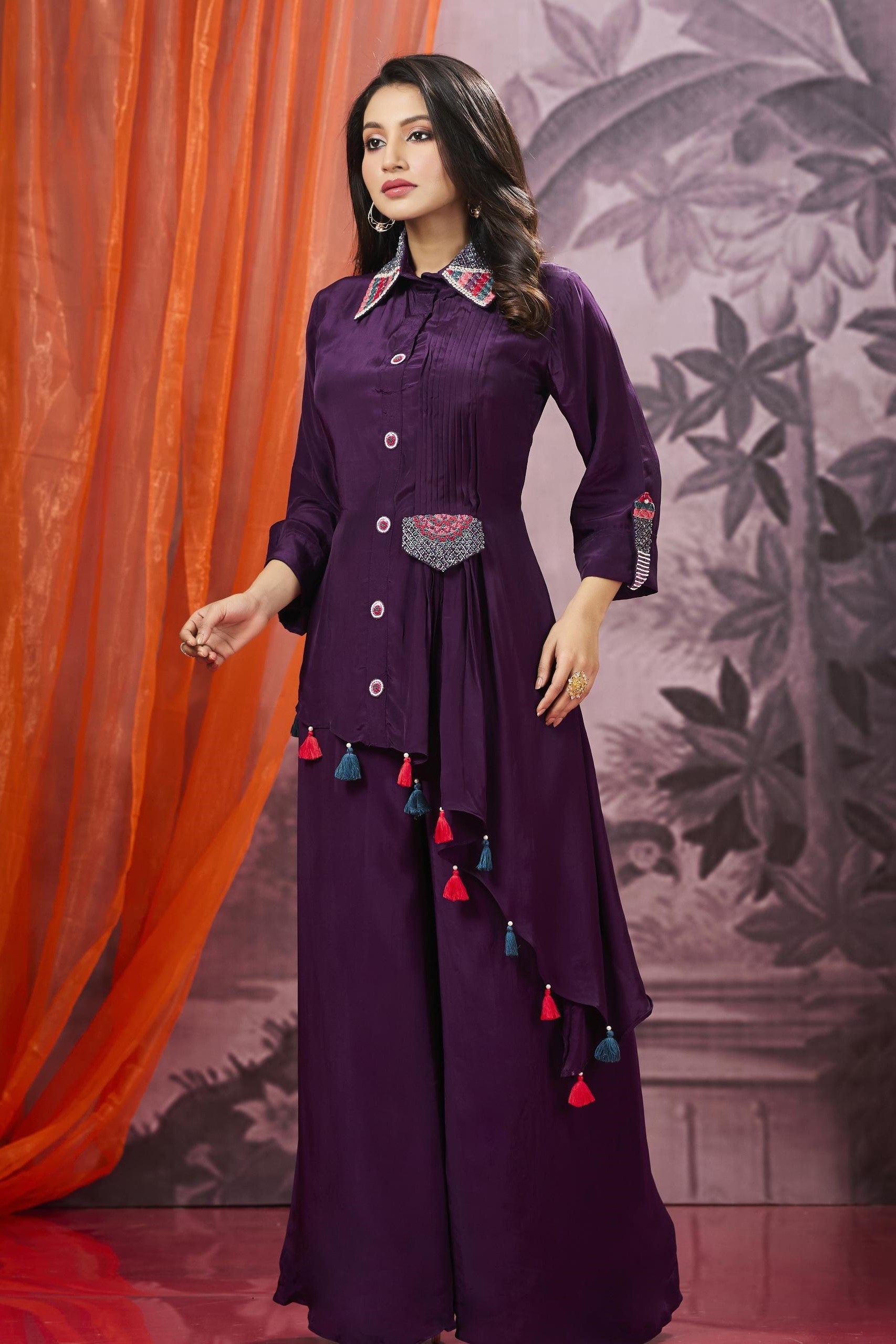 Purple Embroidered Spanish Silk Co-Ord Set