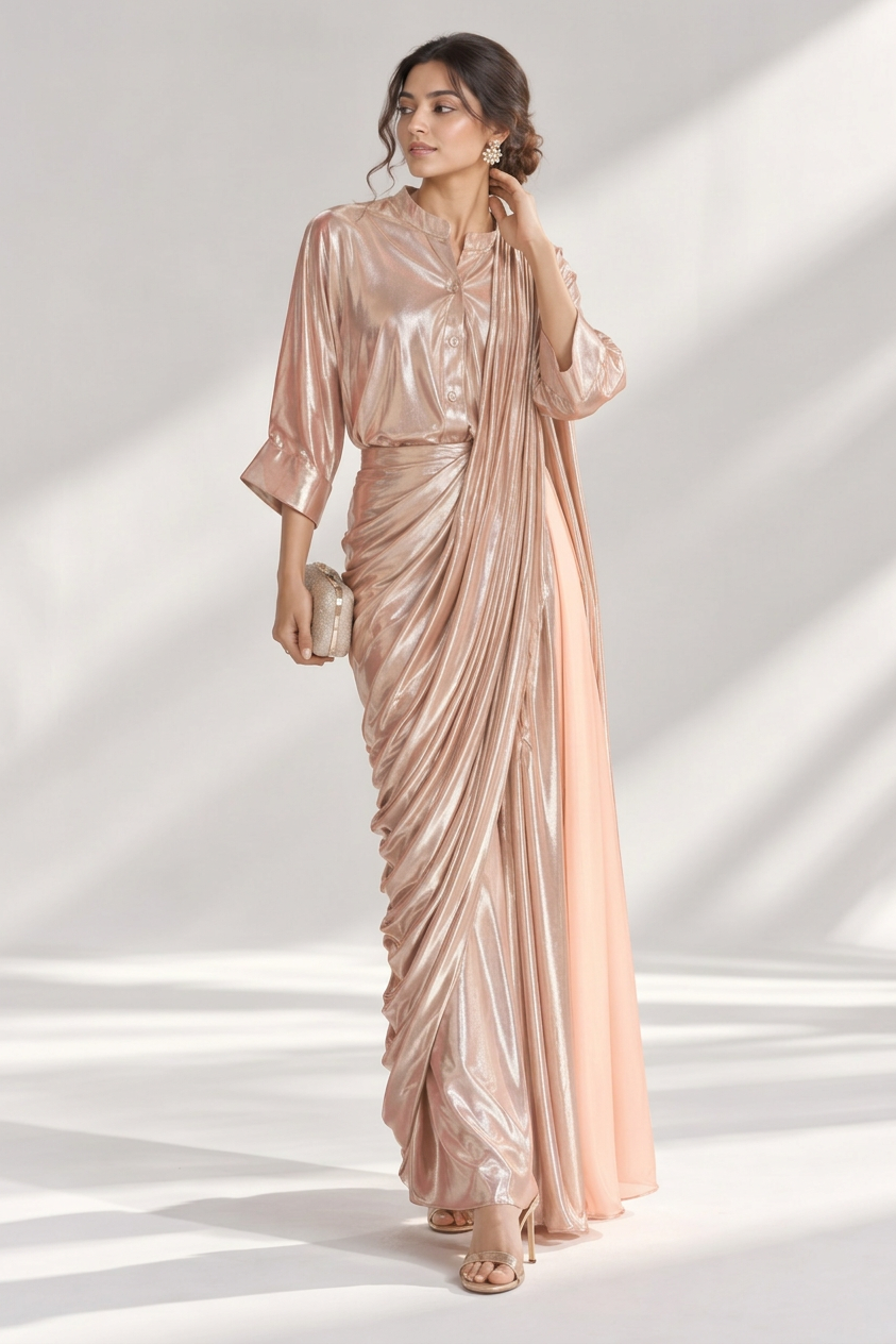 Metallic Rose Embellished Shimmer Satin Silk Skirt Set
