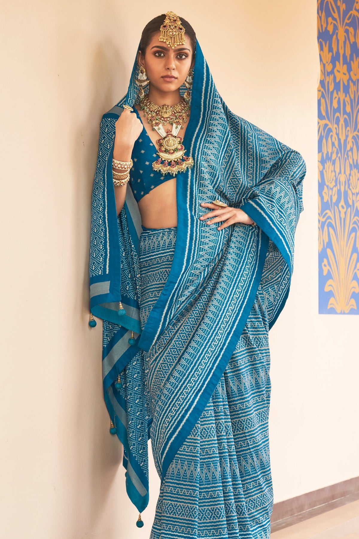 Sky Blue Printed Premium Silk Saree