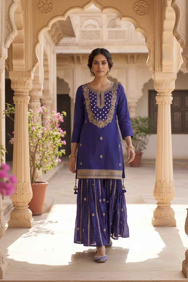 Deep Blue Embroidered Tissue Silk Sharara Set