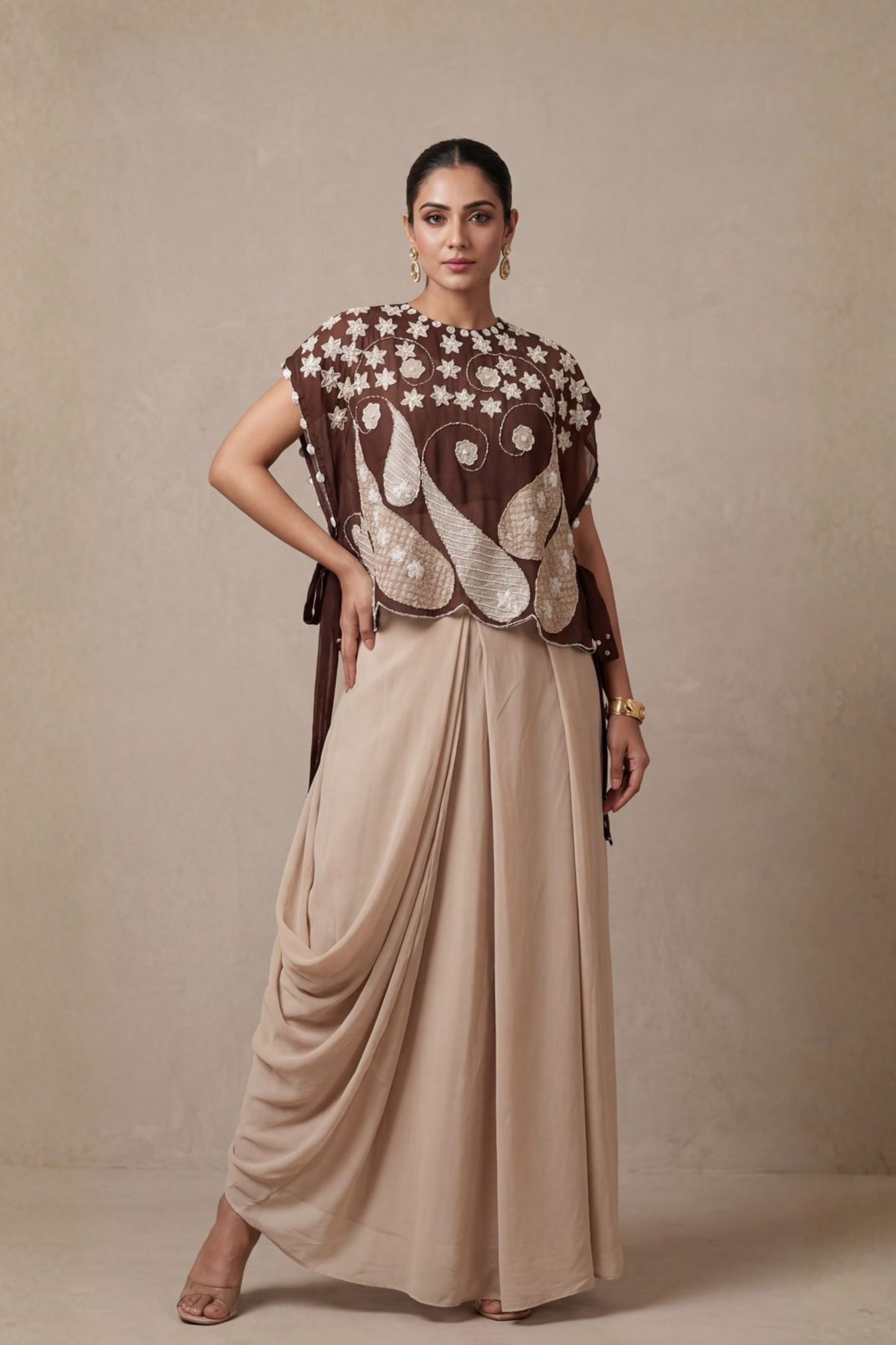 Coffee Brown Embroidered Satin Silk Drape Skirt Set