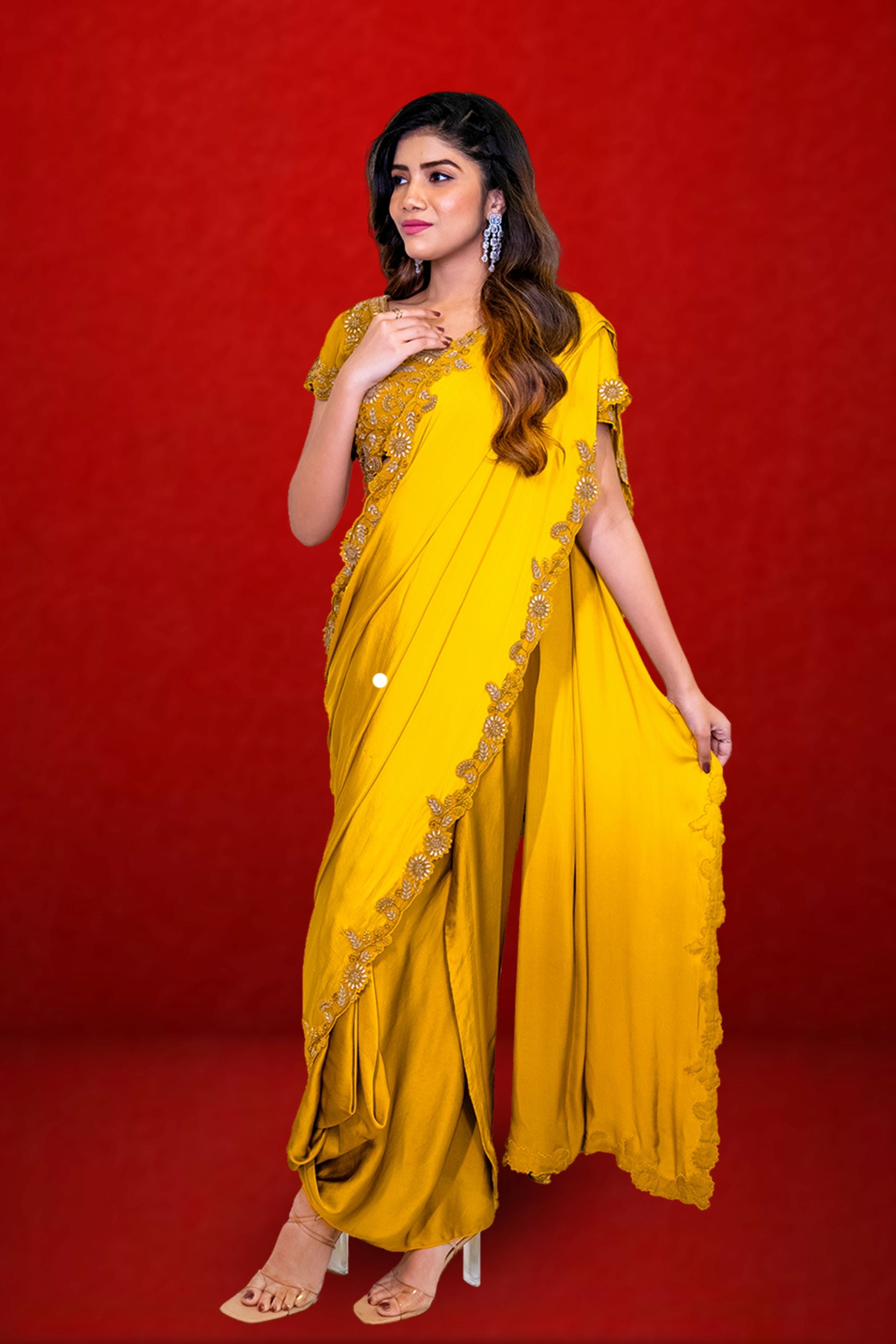 Yellow Embellished Satin Silk Drape Saree