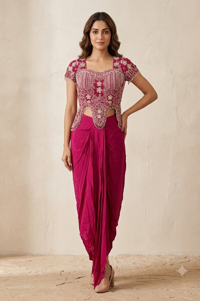 Mulberry Pink Embellished Georgette Silk Skirt Set