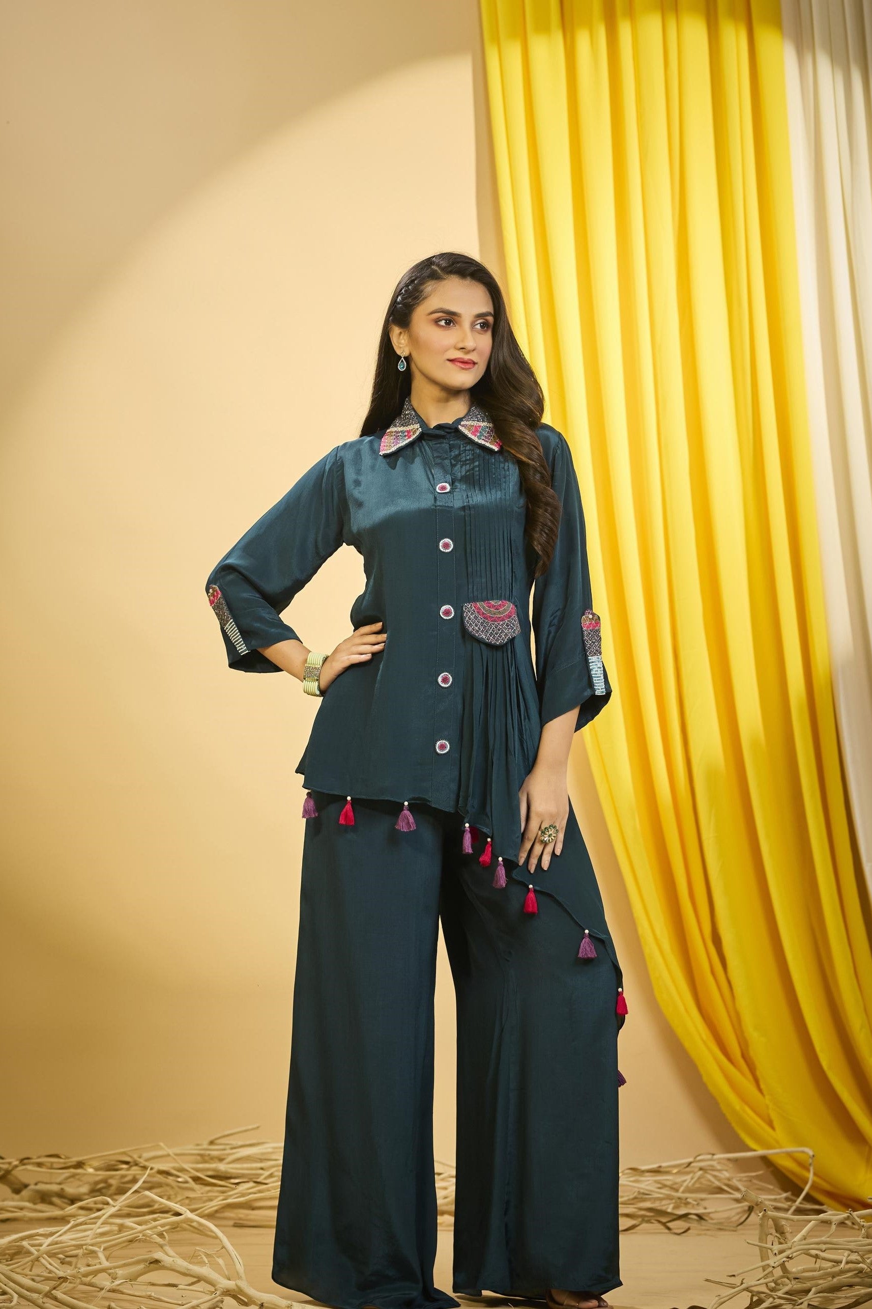 Midnight Green Embroidered Spanish Silk Co-Ord Set