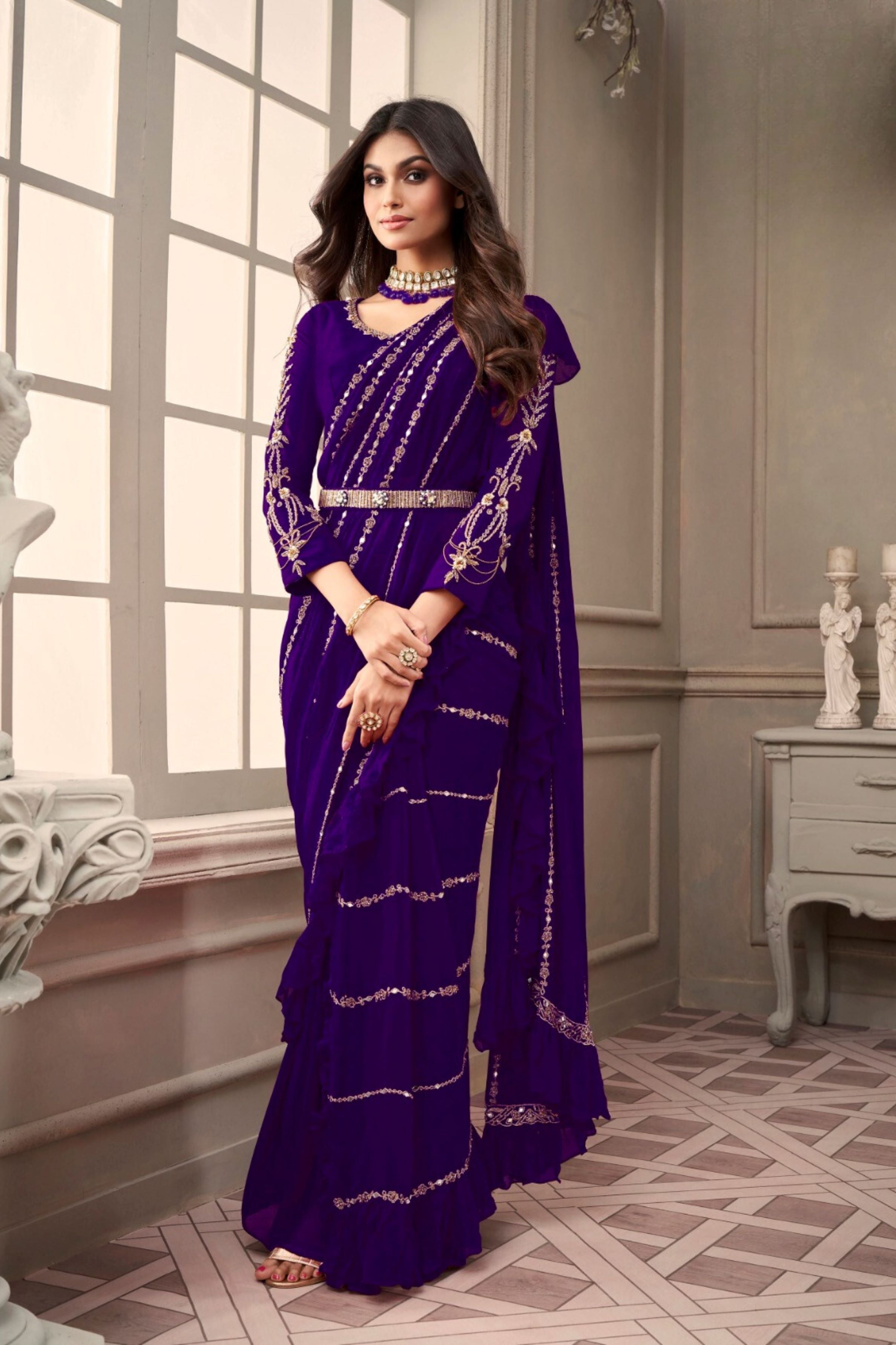 Purple Embellished Swiss Georgette Silk Draped Saree