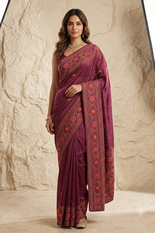 Regal Magenta Kantha Pure Tussar Silk Saree