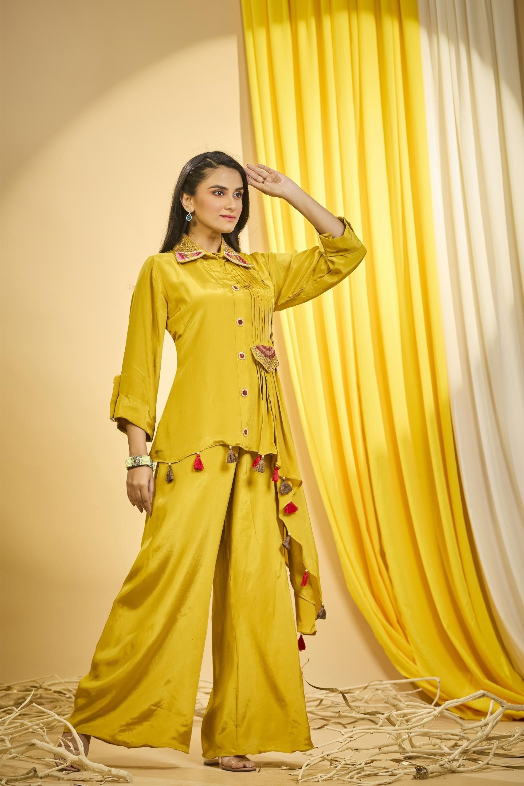 Bright Yellow Embroidered Spanish Silk Co-Ord Set