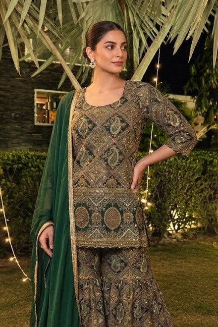 Emerald Green Embellished Crepe Silk Sharara Set