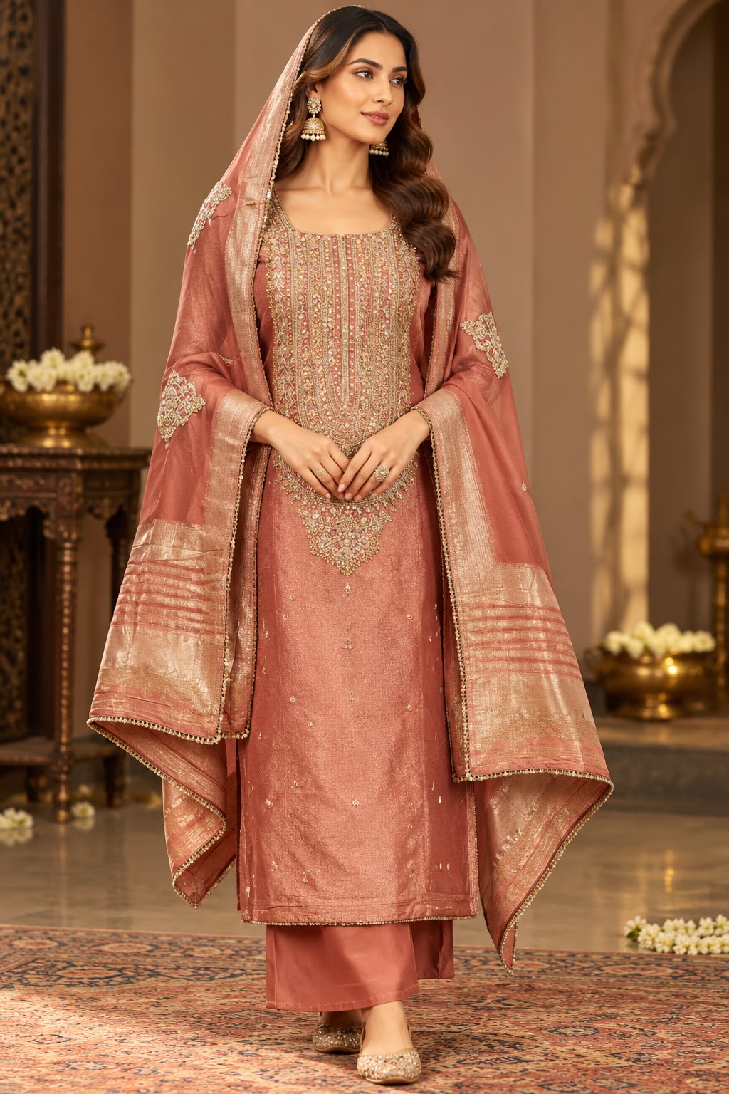 Dusty Rose Embellished Viscose Silk Unstitched Suit Set