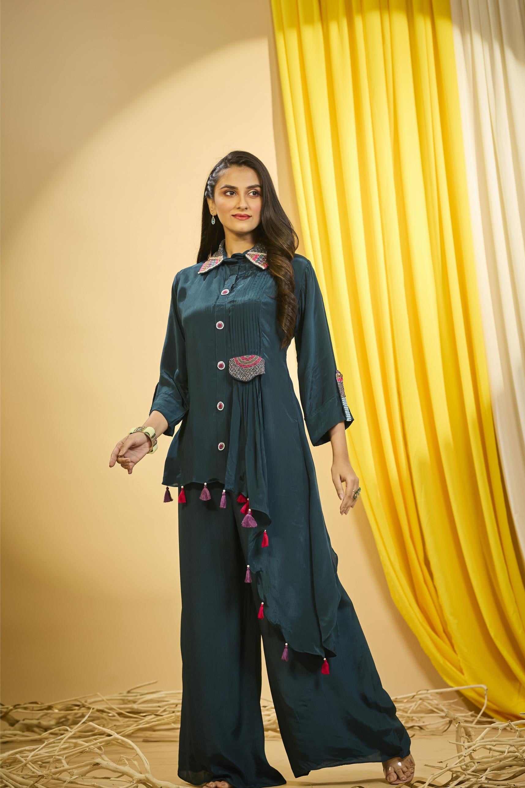 Midnight Green Embroidered Spanish Silk Co-Ord Set