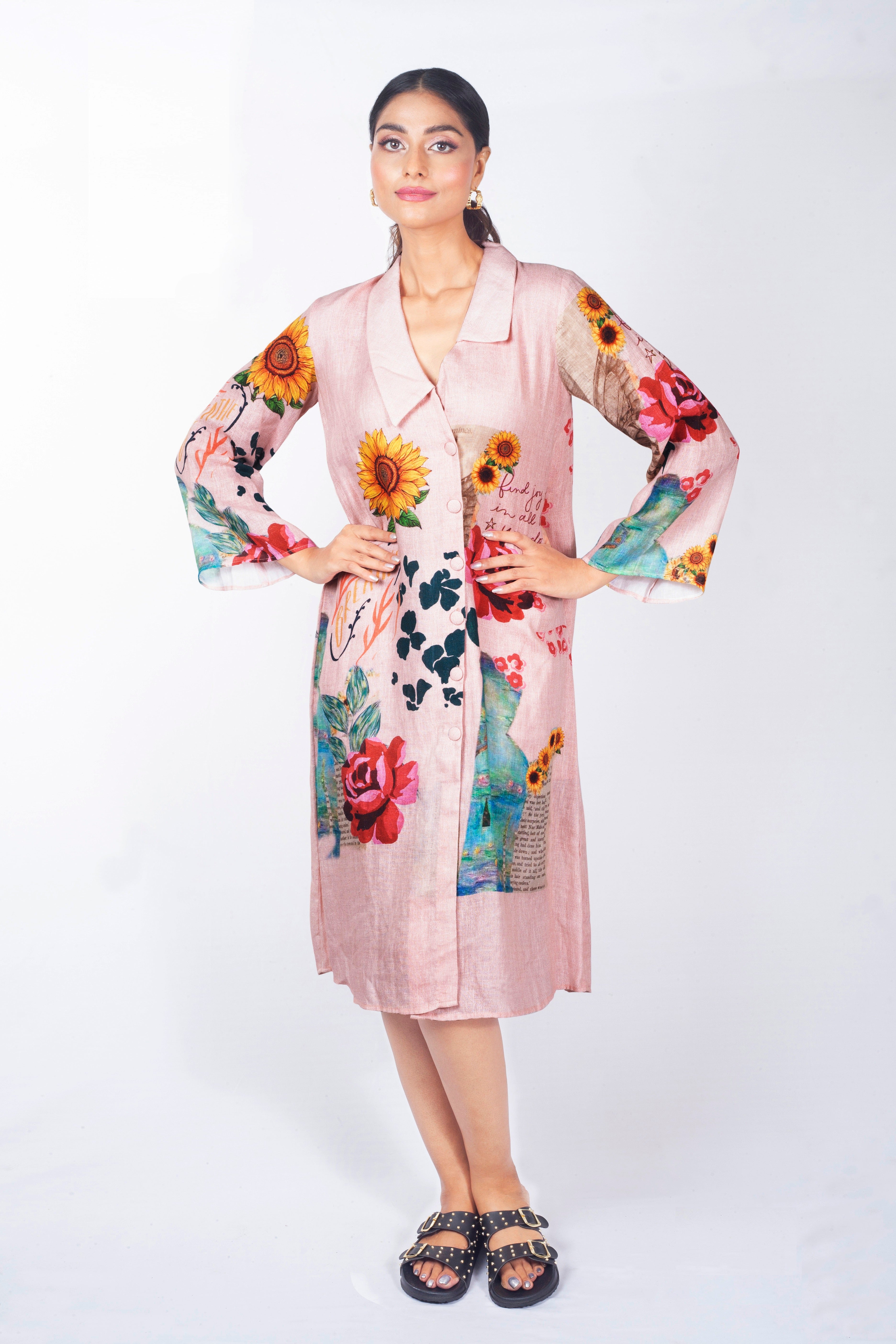 Misty Pink Linen Silk Shirt Style Dress