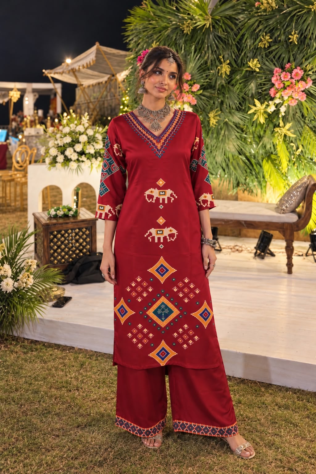Deep Maroon Printed Gajji Silk Kurta Set