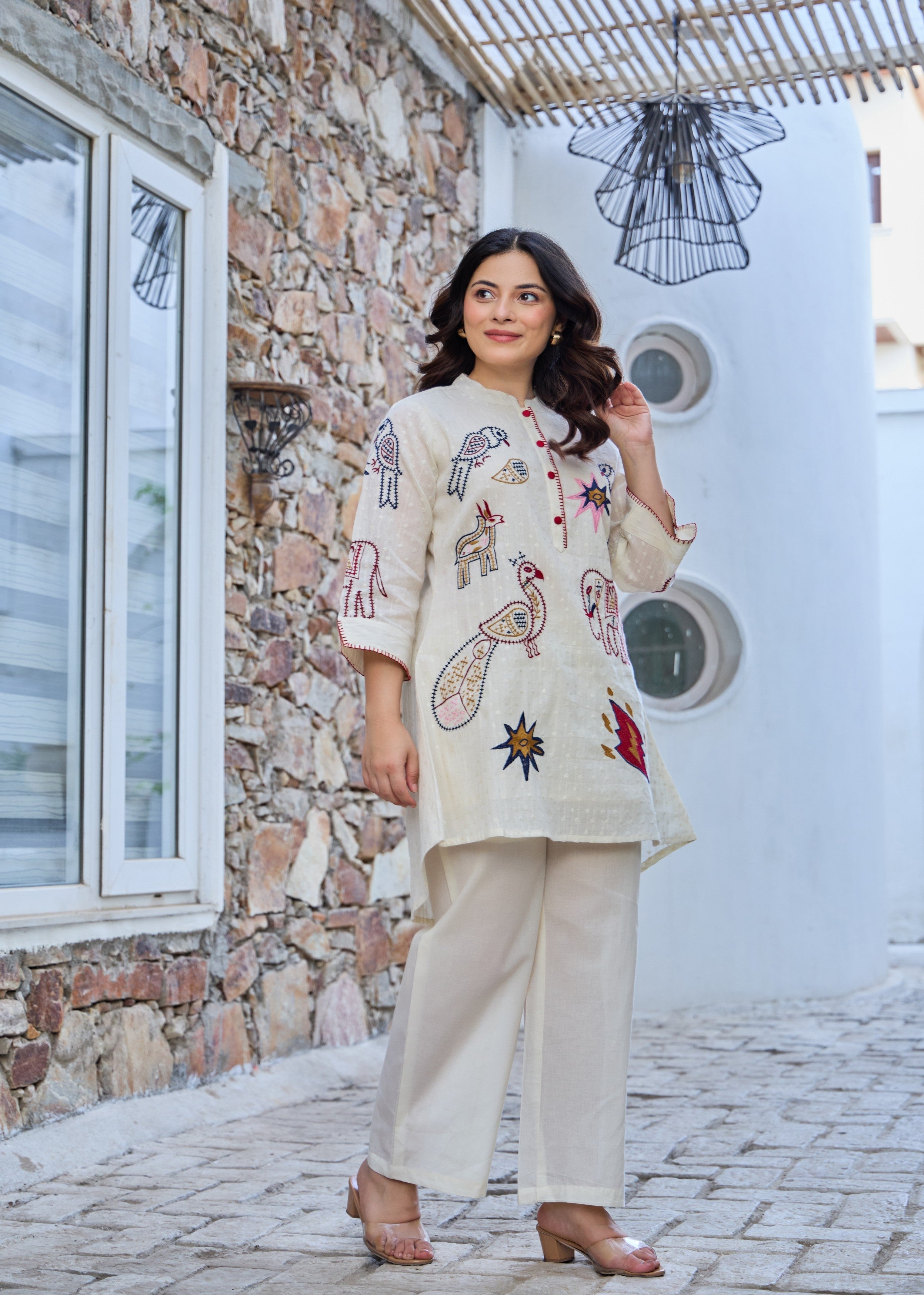 Off-White Folk Embroidered Cotton Co-Ord Set
