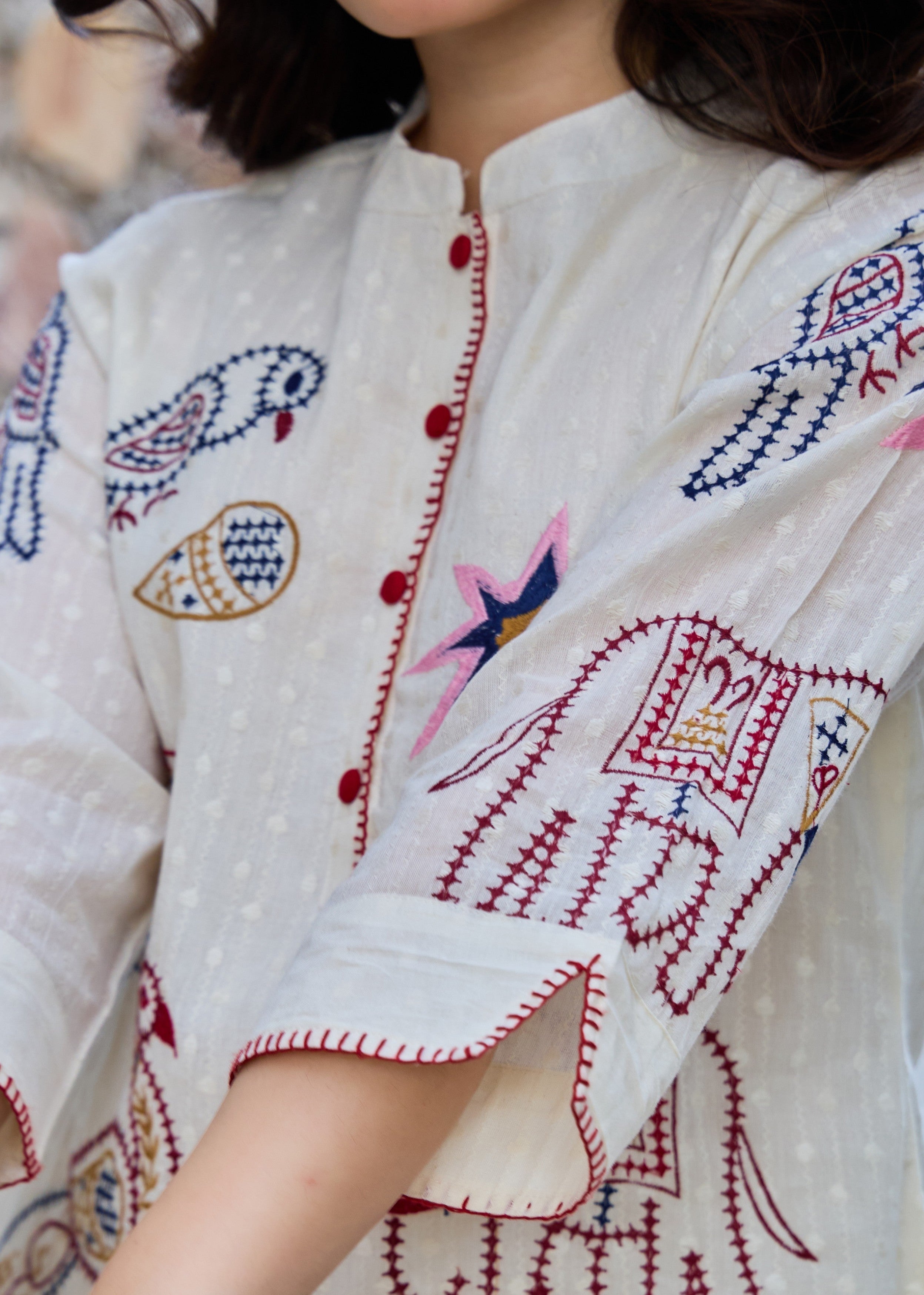Off-White Folk Embroidered Cotton Co-Ord Set