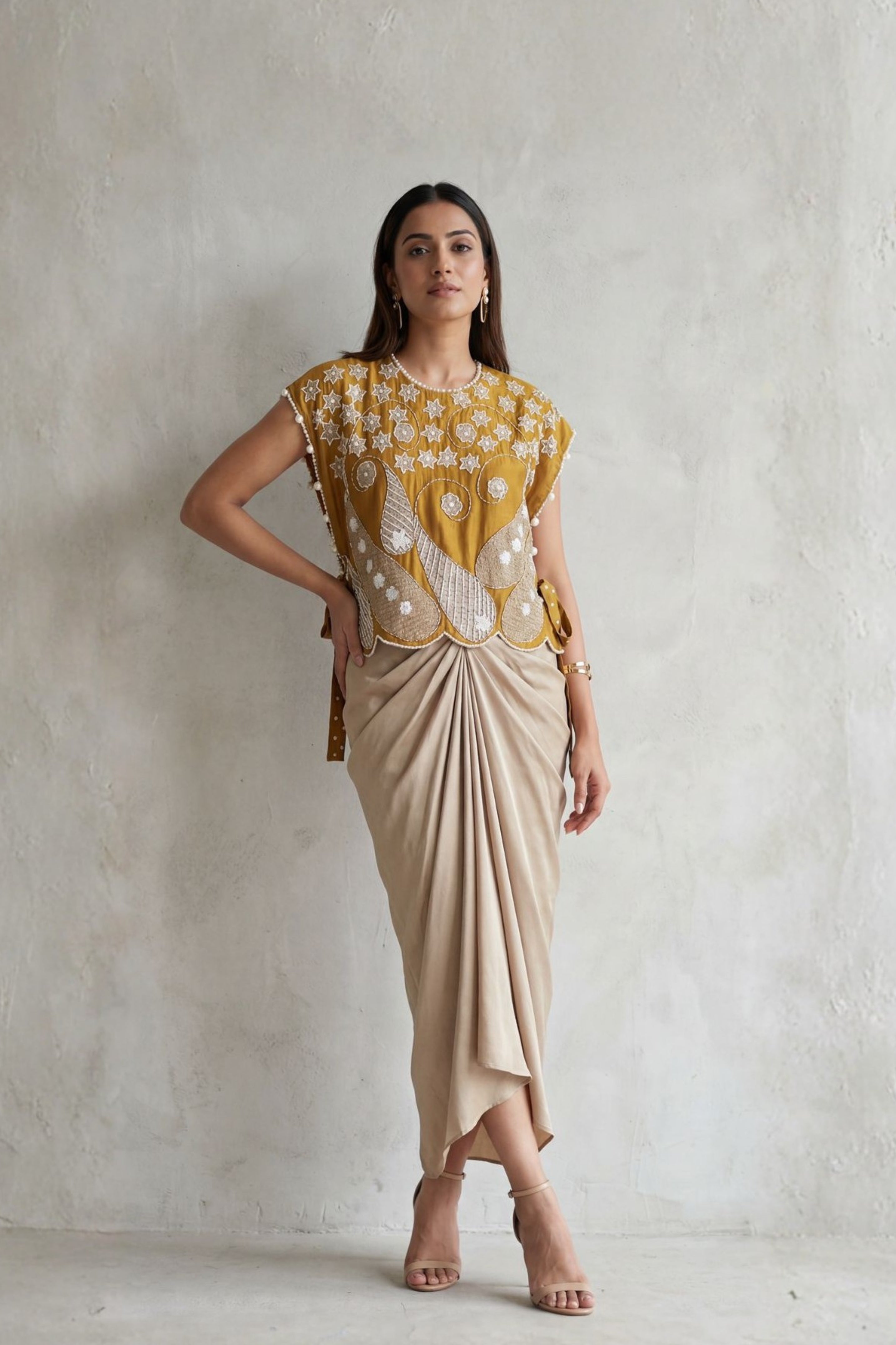 Mustard Yellow Embroidered Satin Silk Drape Skirt Set