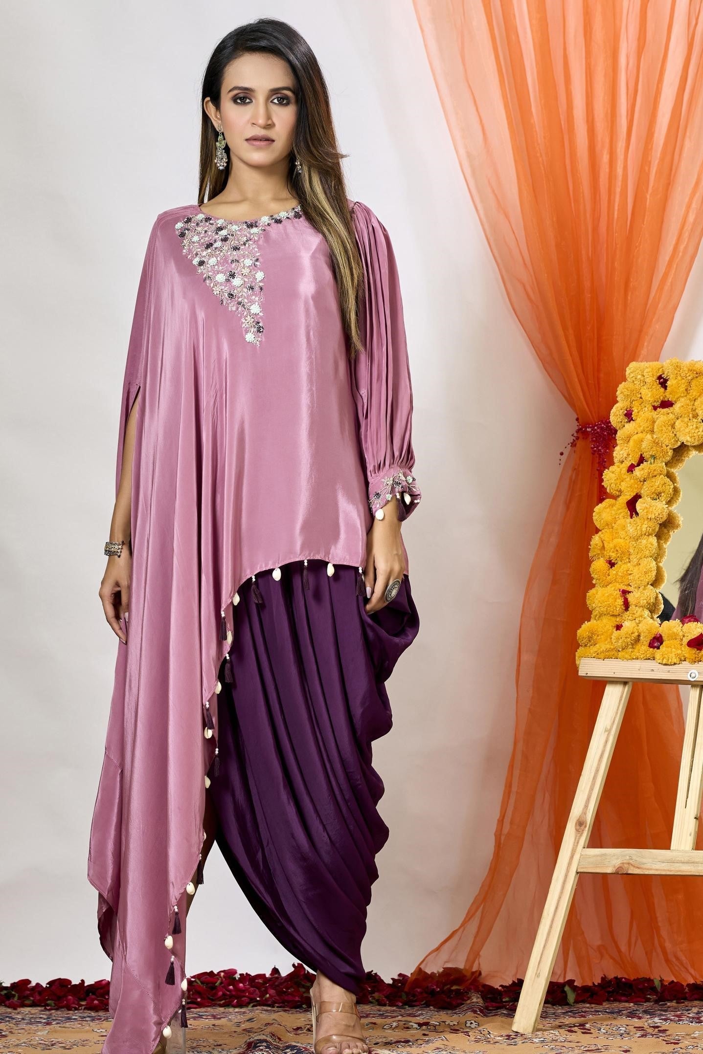 Soft Pink Embellished Satin Silk Tunic & Dhoti Set