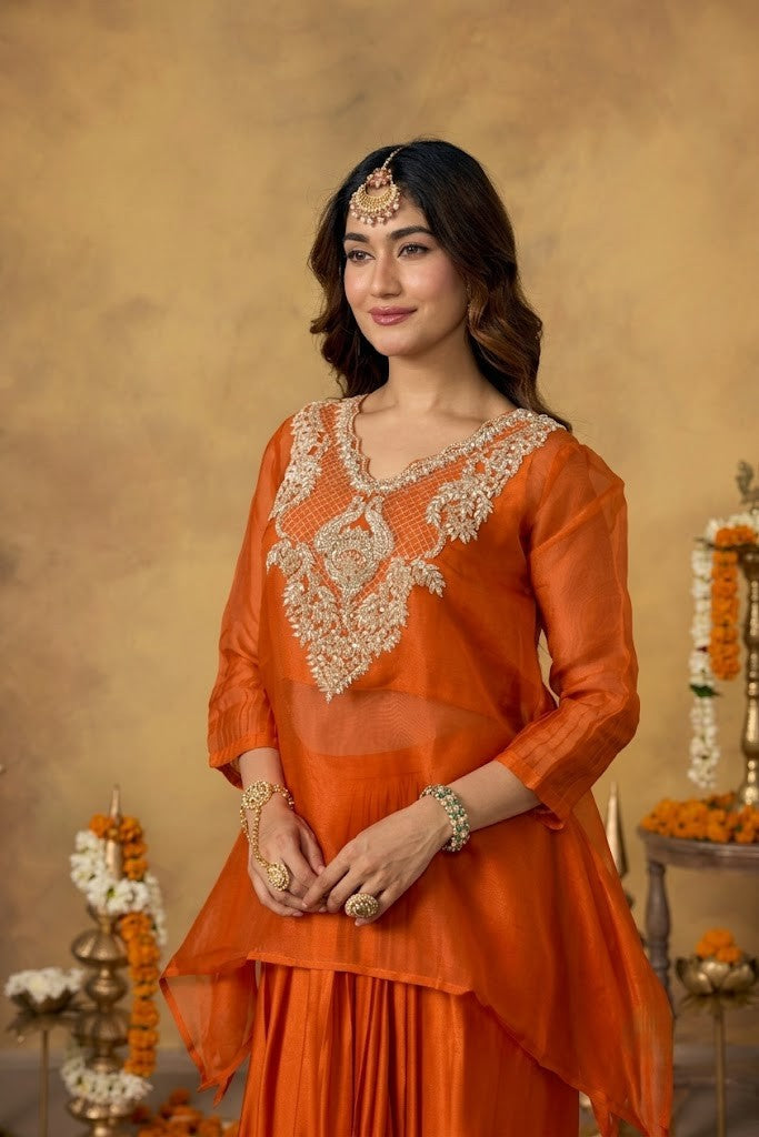 Bright Orange Embellished Satin Silk Skirt Set