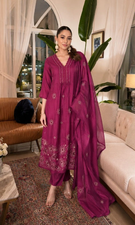 Magenta Floral Embroidered Muslin Silk Pant Set