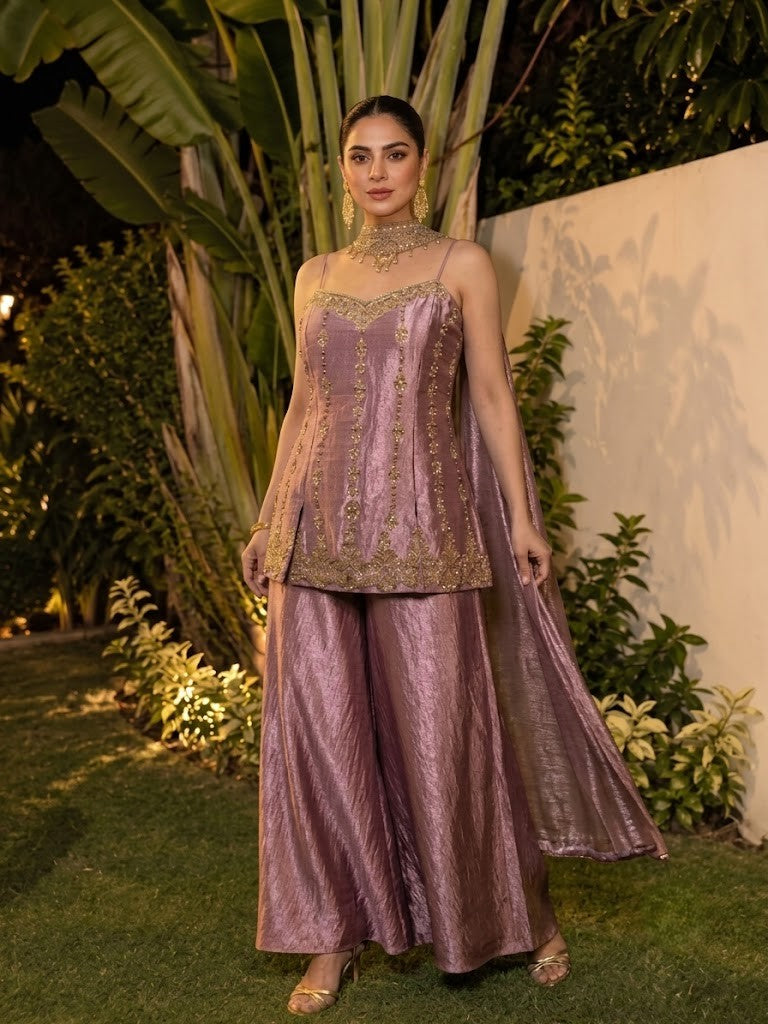 Rose Pink Embellished Shimmer Silk Palazzo Set