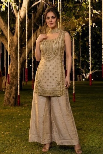 Champagne Gold Embellished Shimmer Silk Palazzo Set