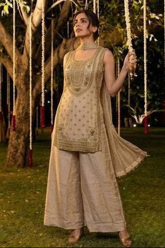 Champagne Gold Embellished Shimmer Silk Palazzo Set