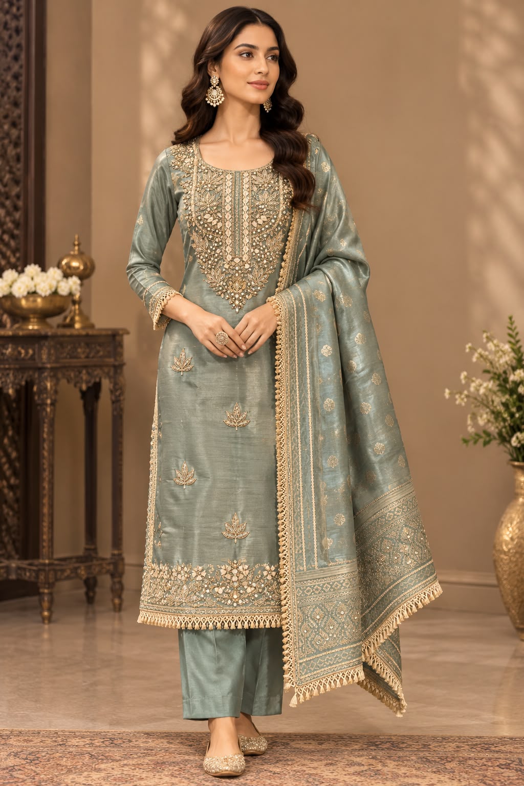 Sage Embellished Viscose Silk Unstitched Suit Set