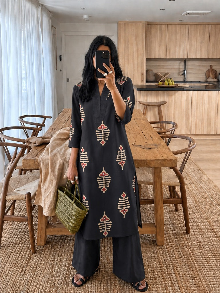 Charcoal Black Printed Cotton Kurta Set