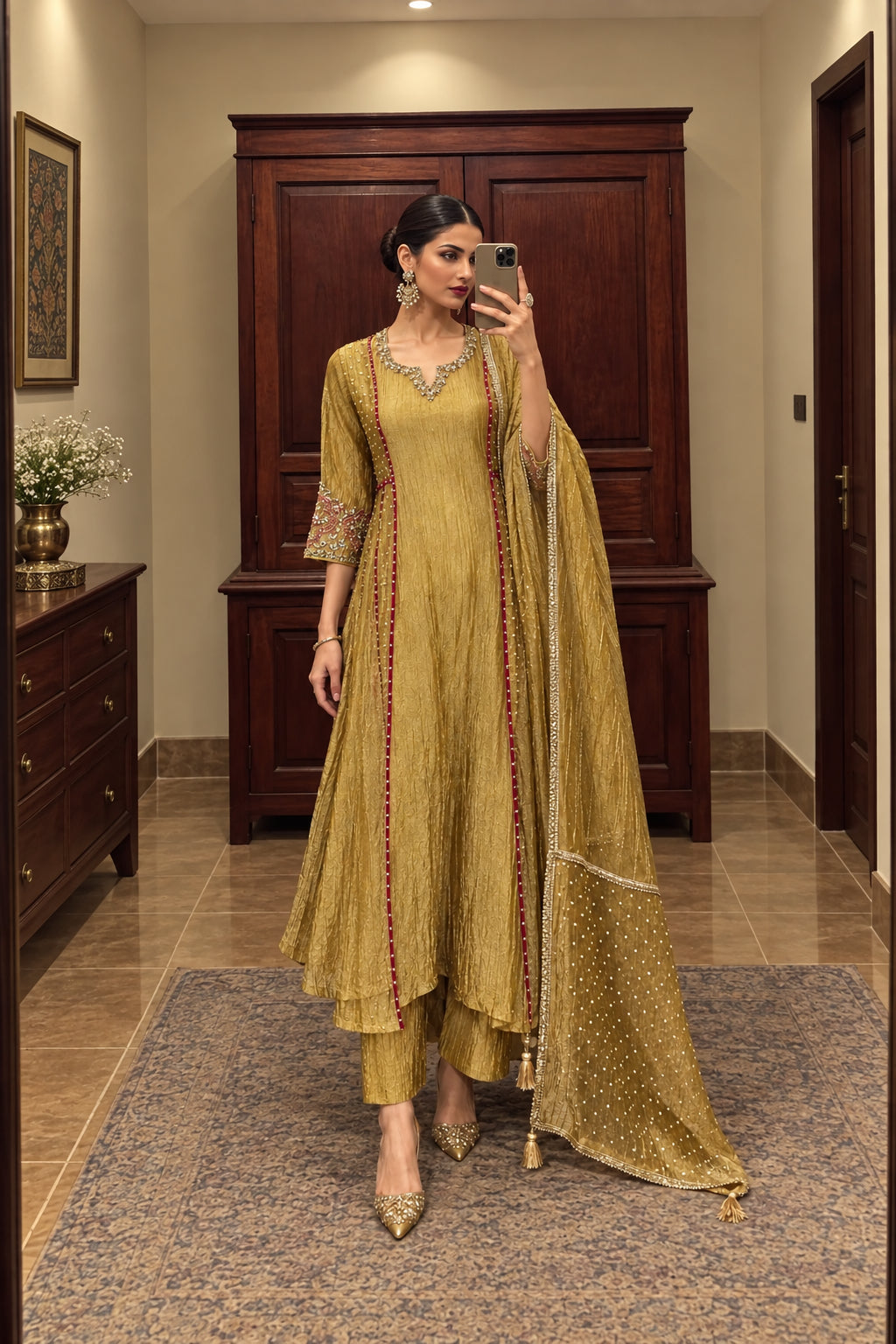Antique Gold Embellished Pure Tissue Silk Anarkali Set