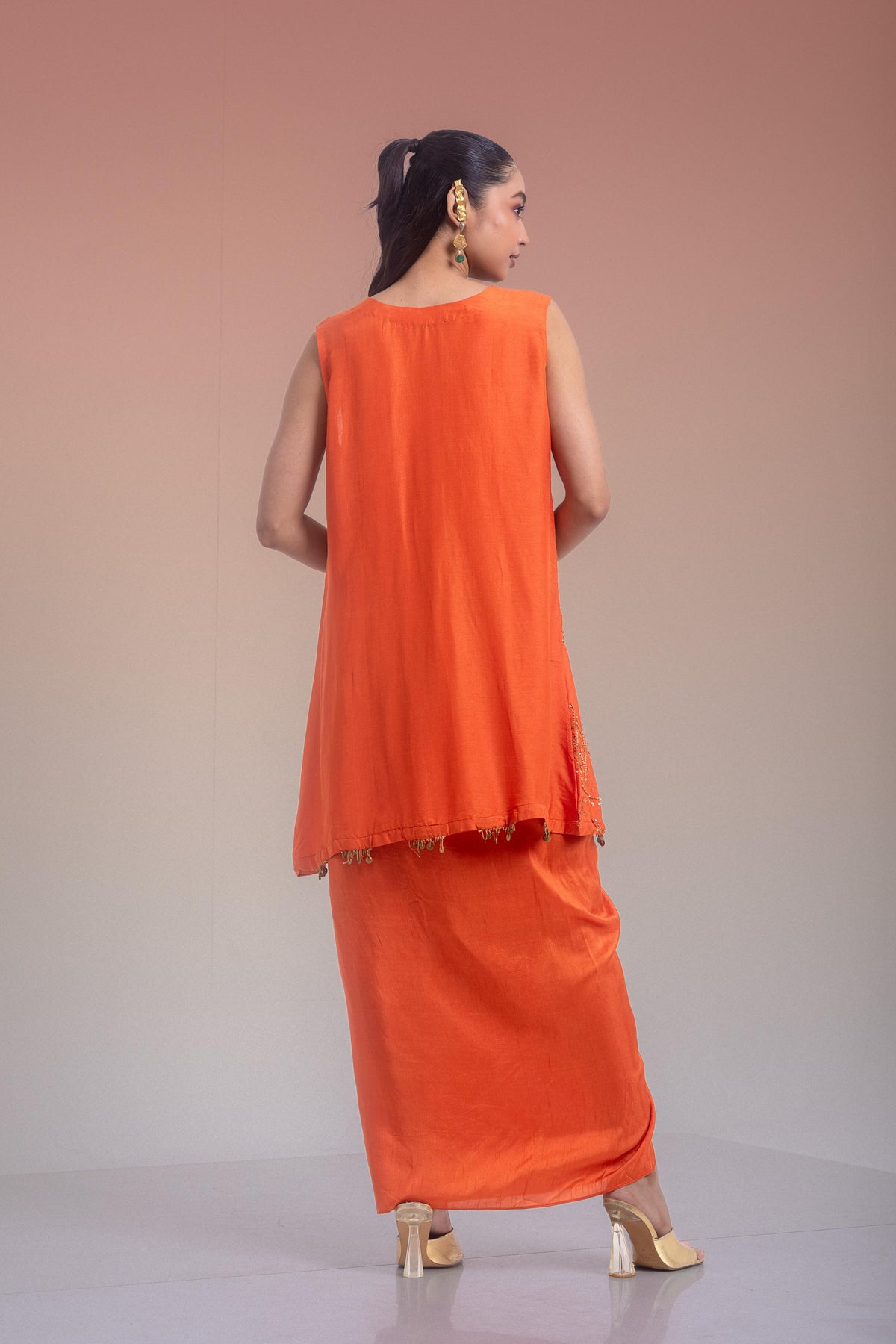 Sunset Orange Embellished Raw Silk Skirt Set